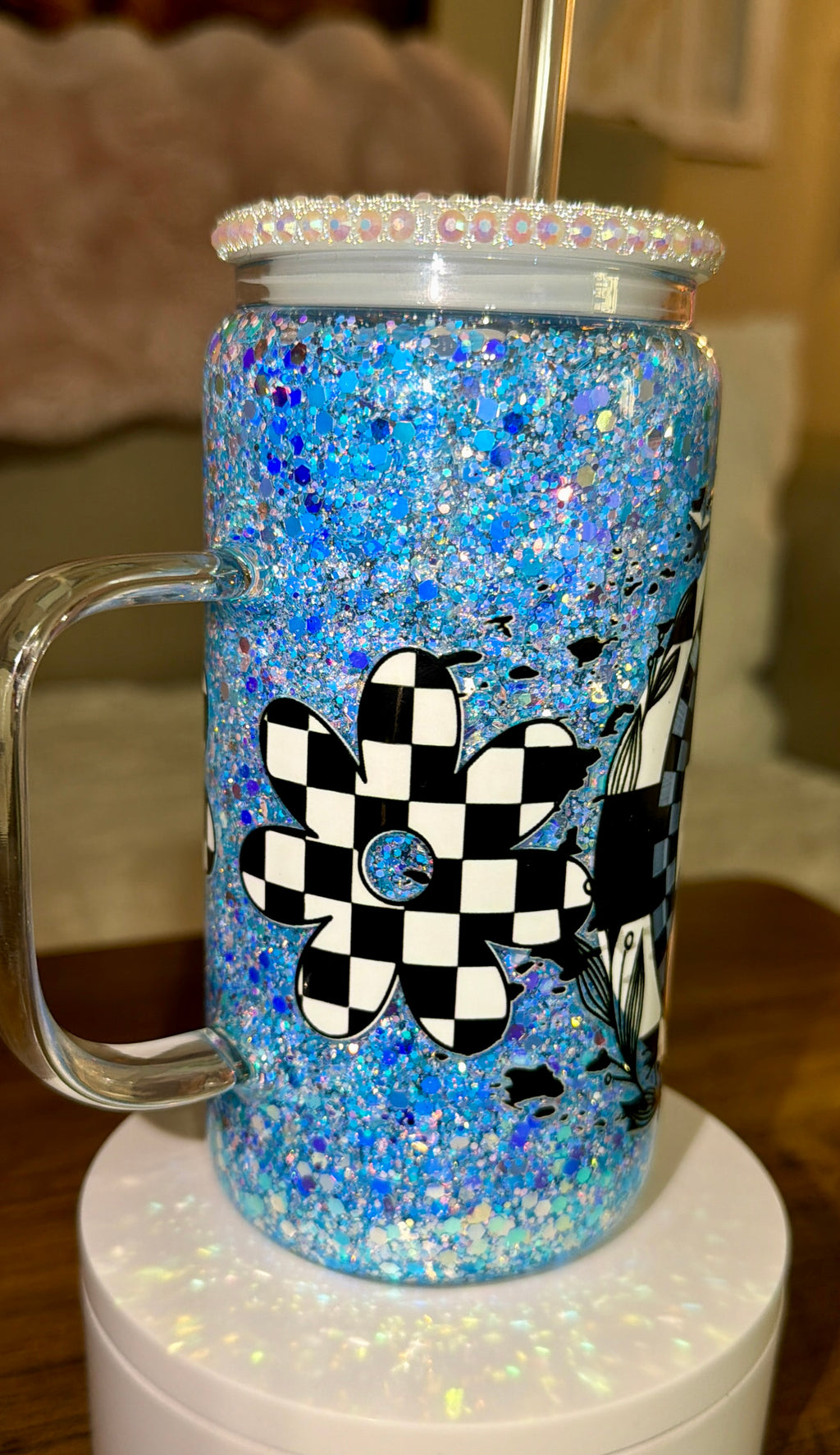 Checkered Blue Donkey Snowglobe cup