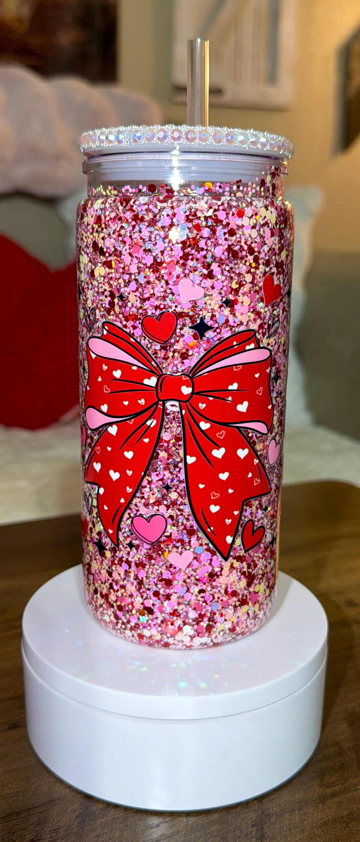 Sweetheart Bow Glitter Snowglobe Tumbler