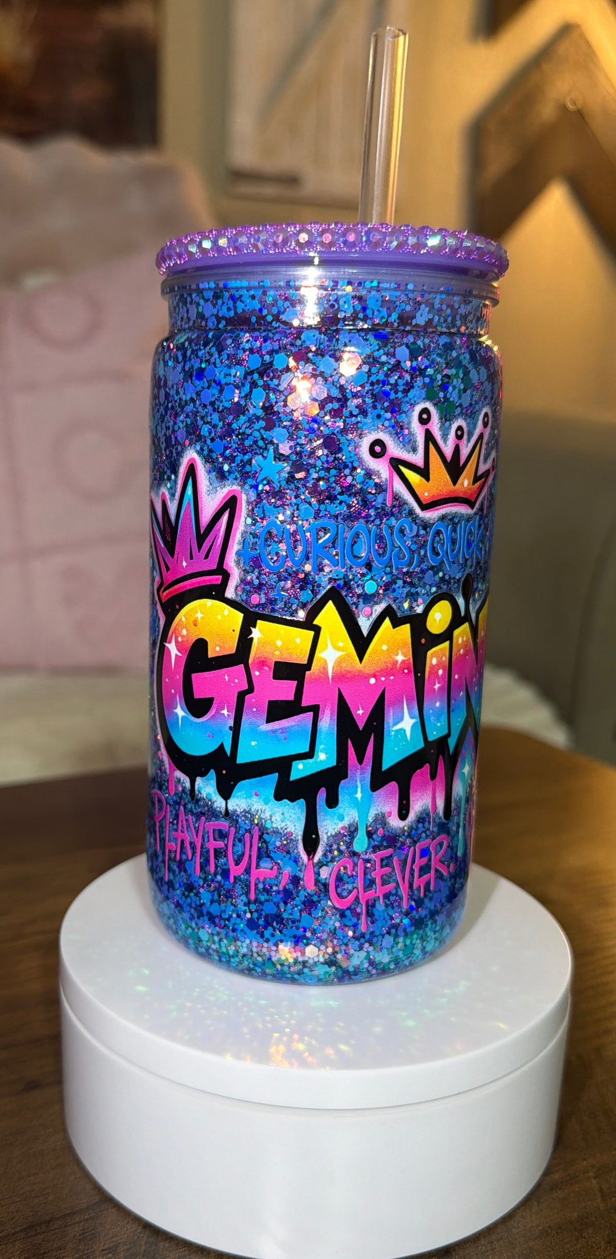 Gemini-Inspired Glitter Tumbler – Rainbow Drip Design with Bling Lid