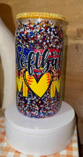 Softball Mom Glitter Snowglobe Can Cup – Patriotic Red White Blue Tumbler with Yellow Softball Heart | Sports Mom Gift |