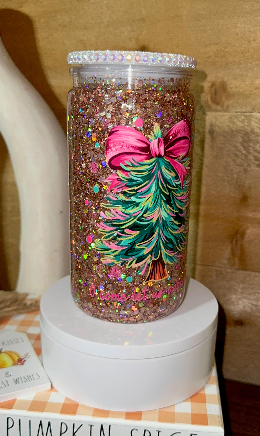 Pink Bow Christmas Tree Snow Globe Tumbler | Rose Gold Glitter Holiday Cup | Festive Winter Snowglobe cup | Gift for Christmas Lovers