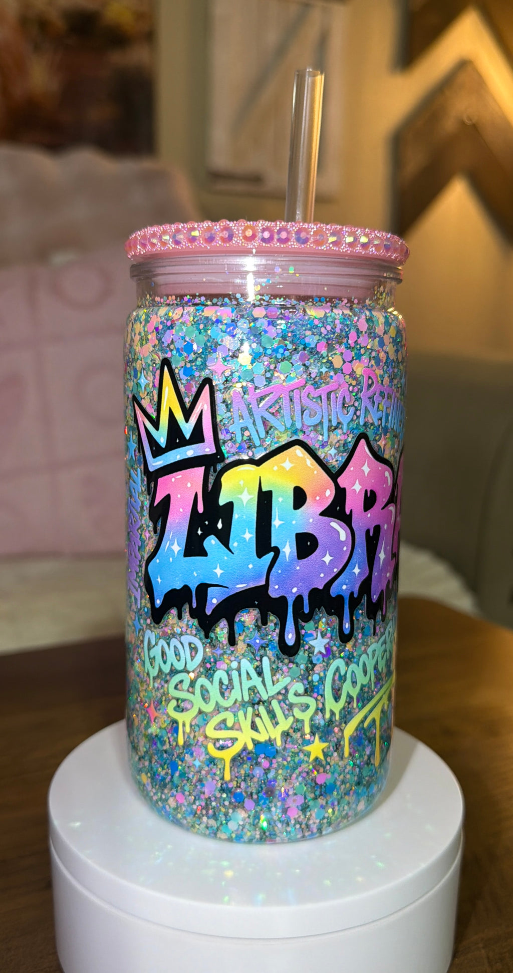 Libra-Inspired Glitter Tumbler – Pastel Rainbow Drip with Bling Lid