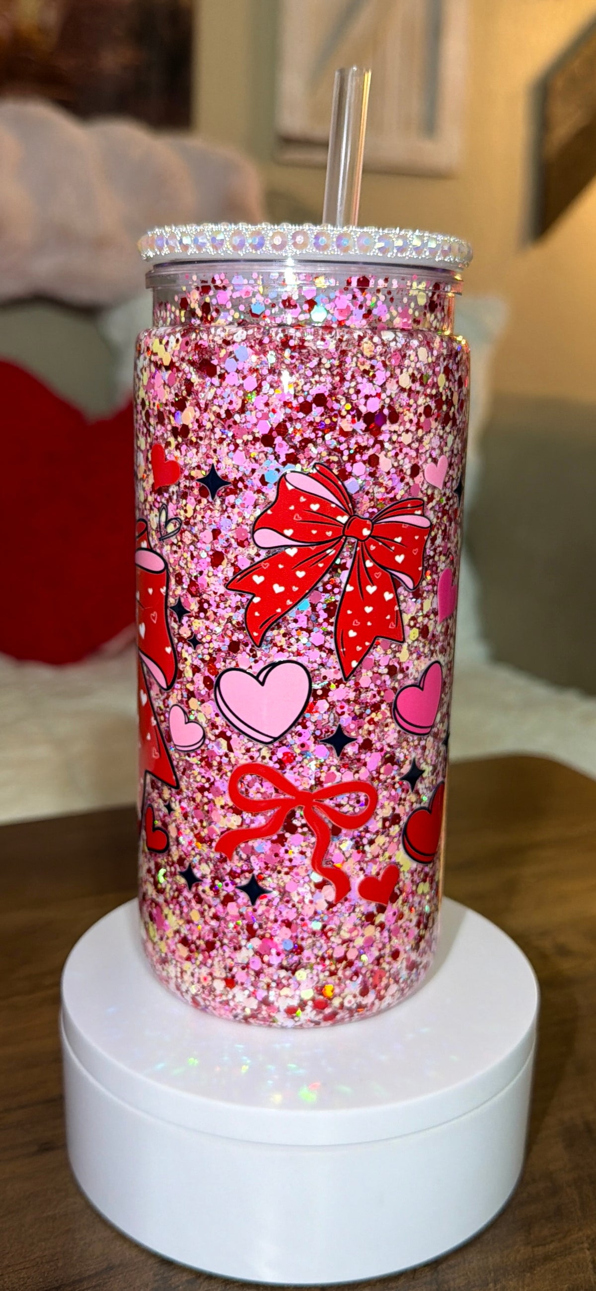 Sweetheart Bow Glitter Snowglobe Tumbler