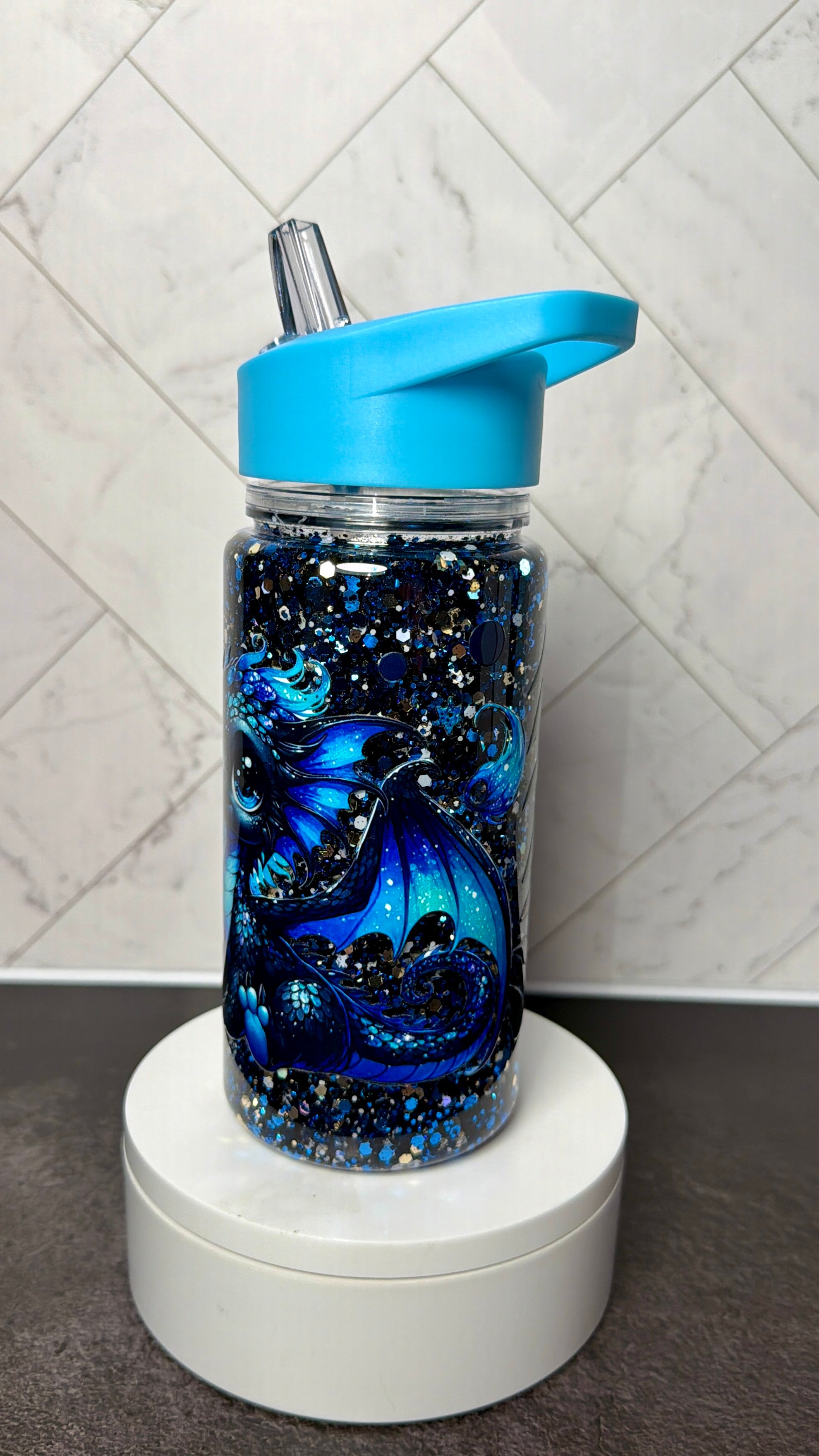 Midnight Blue Baby Dragon Kids Glitter Water Bottle