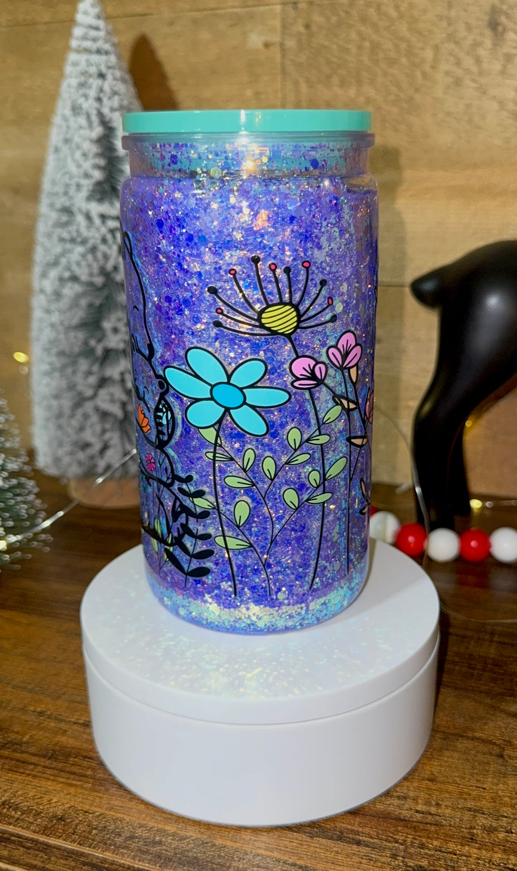 Mama Bear Snowglobe Cup – 16oz Purple Glitter Tumbler | Floral Mom & Baby Bear