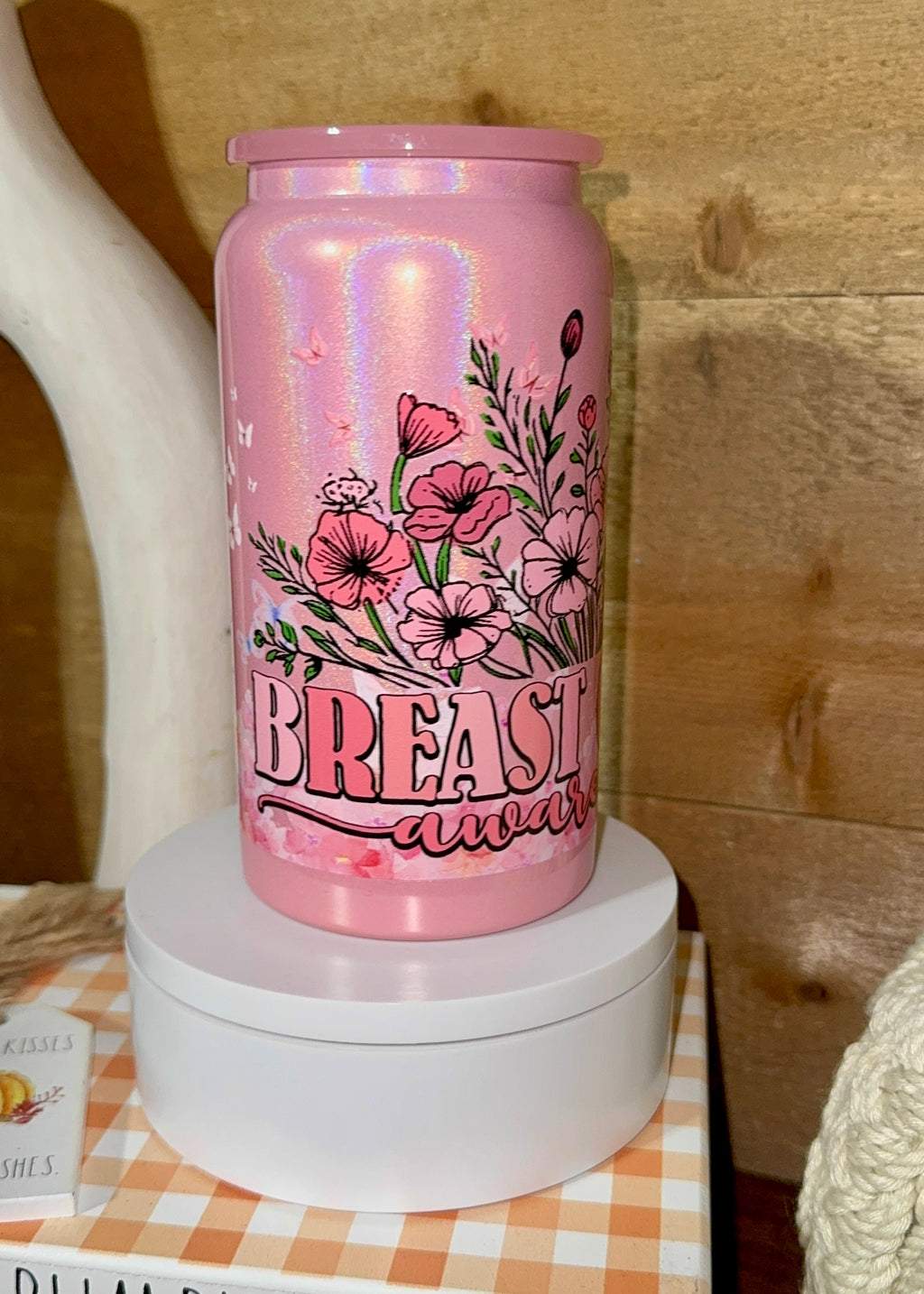 Pink Cancer Awareness Glitter Tumbler | Survivor Strength Courage Hope Cup | Breast Cancer Support Gift