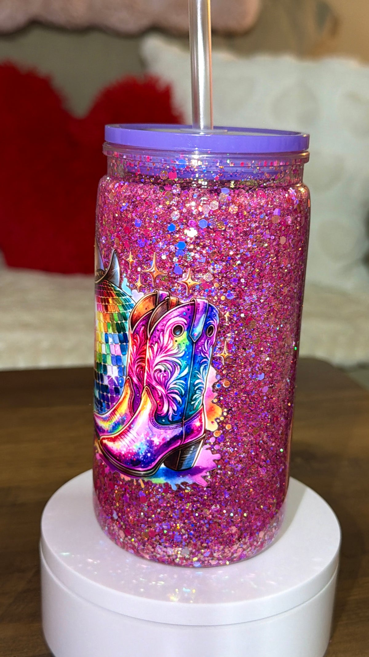 Disco Cowgirl Glitter Snow Globe Tumbler – 16oz Acrylic Cup with Lid & Straw