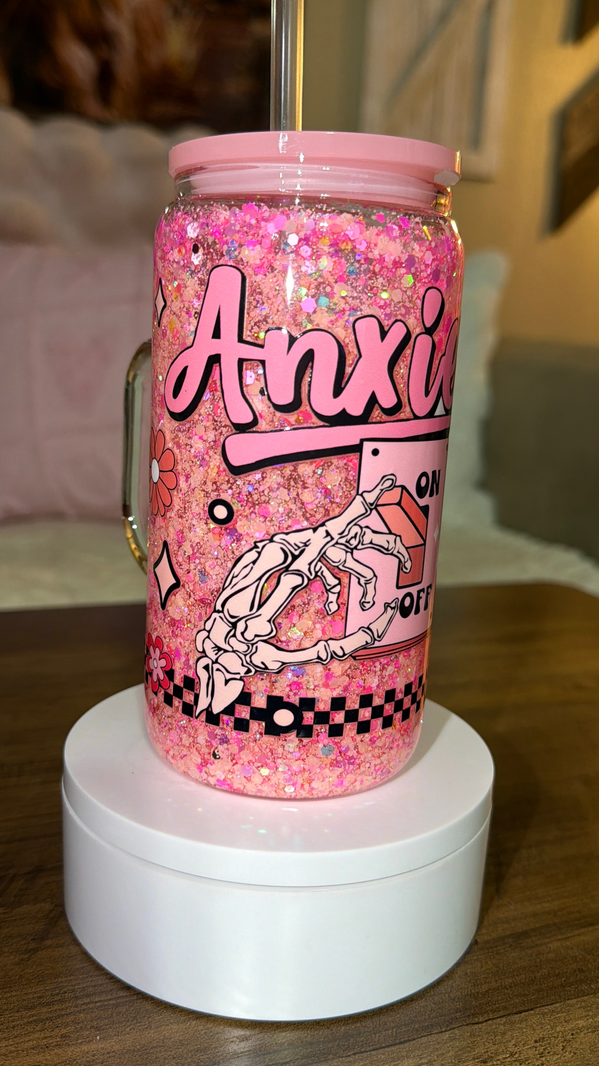 Glass 16oz Anxiety On/Off Switch Snow Globe Tumbler – Pink Glitter Mental Health Awareness Cup
