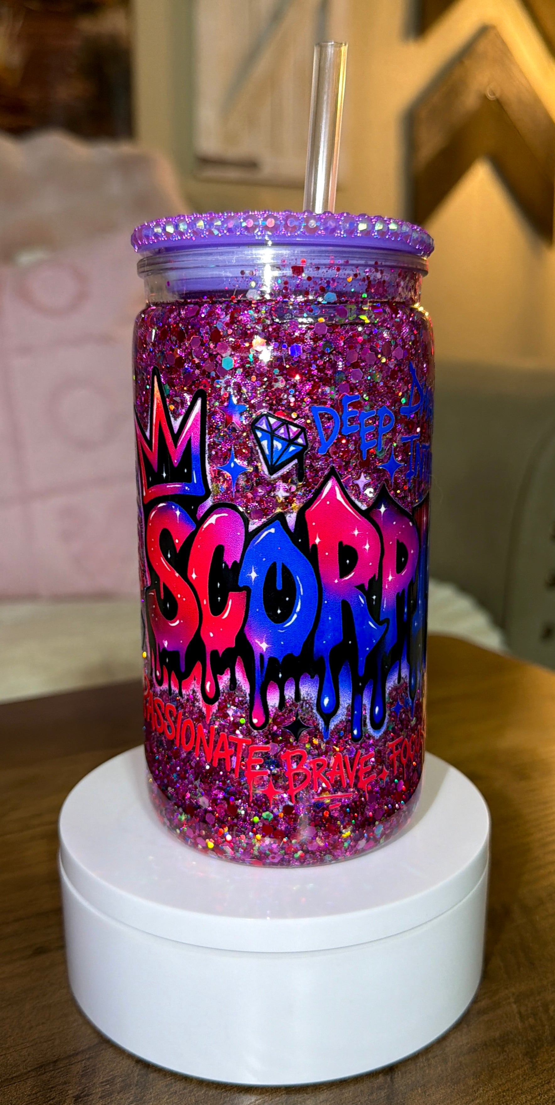 Scorpio Zodiac Glitter Tumbler – Pink & Purple Sparkle Cup with Bling Lid