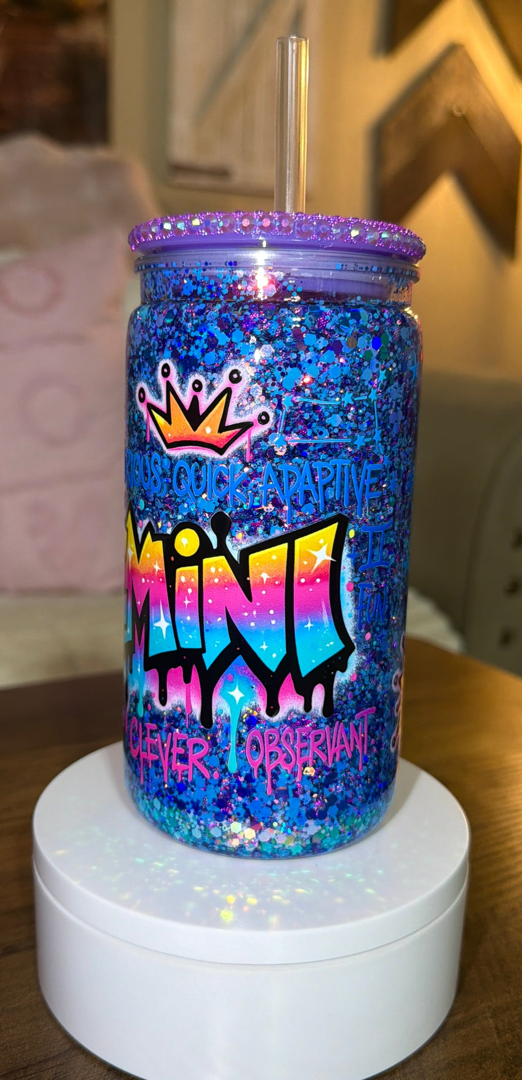 Gemini-Inspired Glitter Tumbler – Rainbow Drip Design with Bling Lid