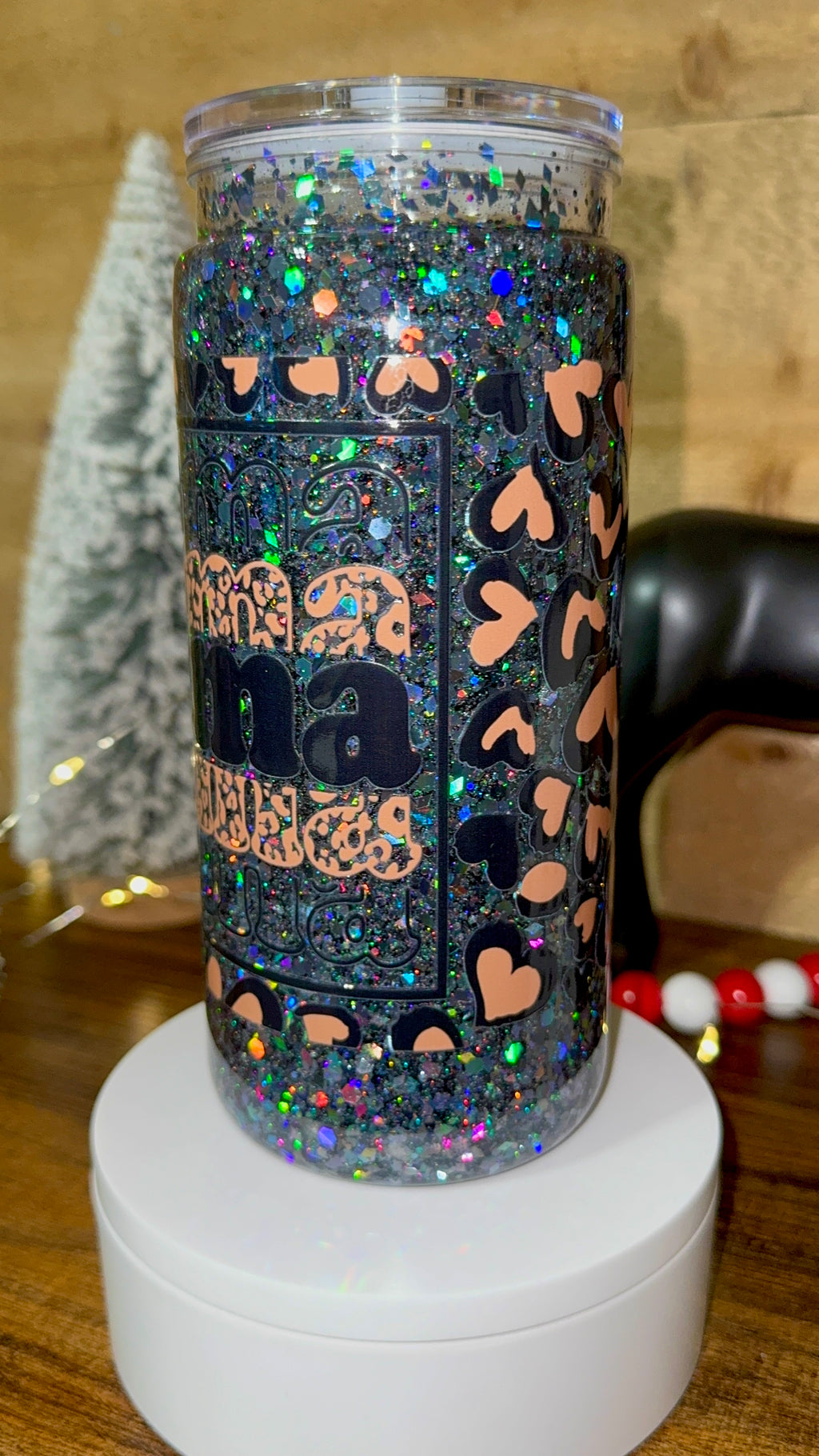 Black Glitter “Mama” Snowglobe Cup – 20oz Holographic Leopard Heart Tumbler