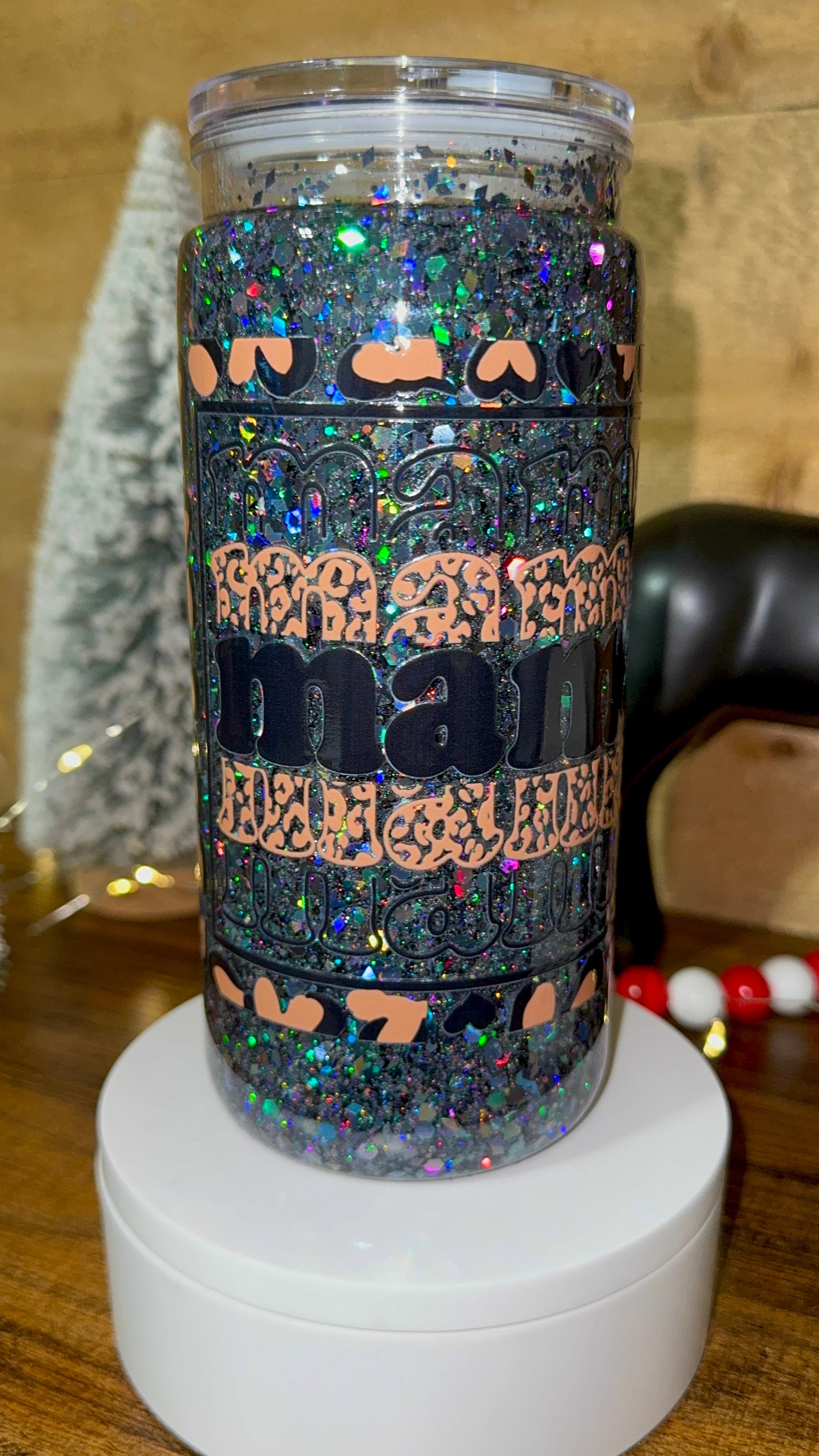Black Glitter “Mama” Snowglobe Cup – 20oz Holographic Leopard Heart Tumbler