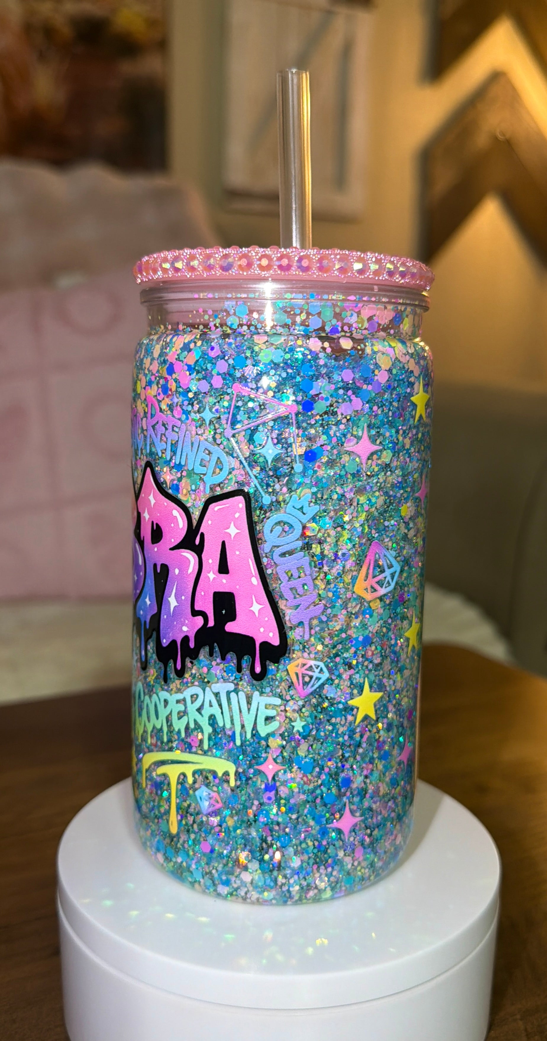 Libra-Inspired Glitter Tumbler – Pastel Rainbow Drip with Bling Lid