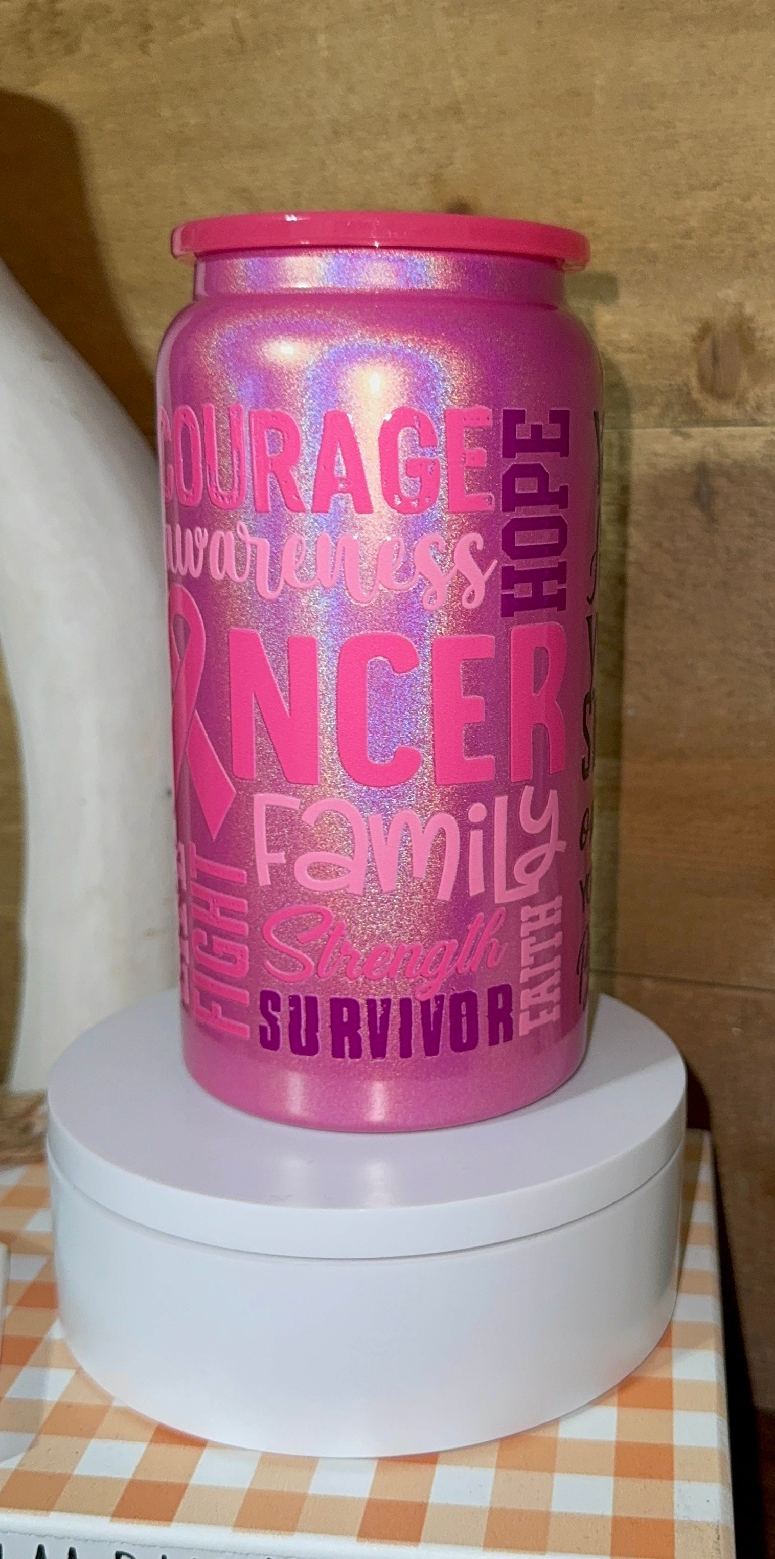 Pink Breast Cancer Awareness Tumbler – Survivor Strength Ribbon Cup – Inspirational Support Gift