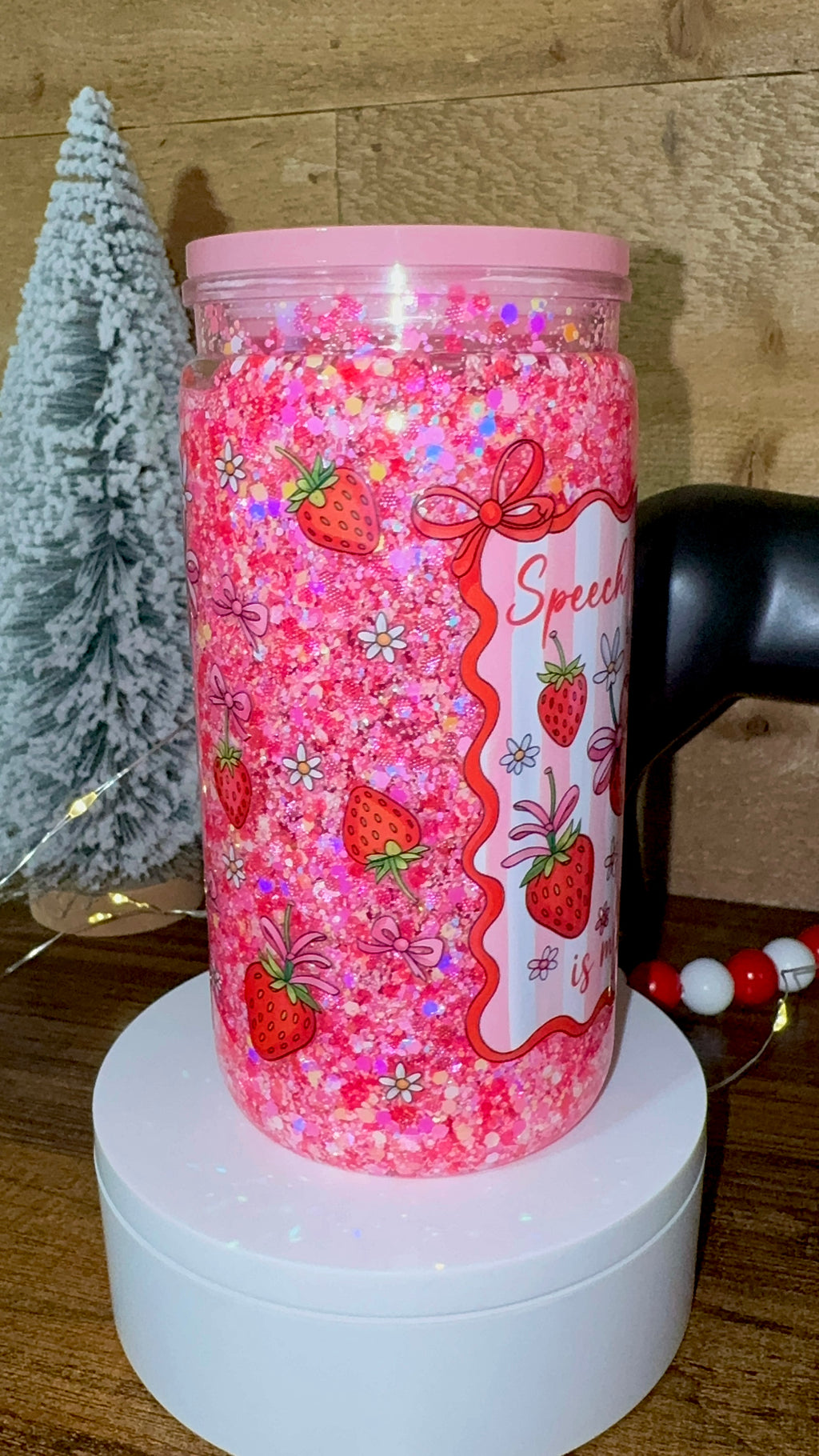 16oz Acrylic Snowglobe Cup - Strawberry Speech Therapist Tumbler
