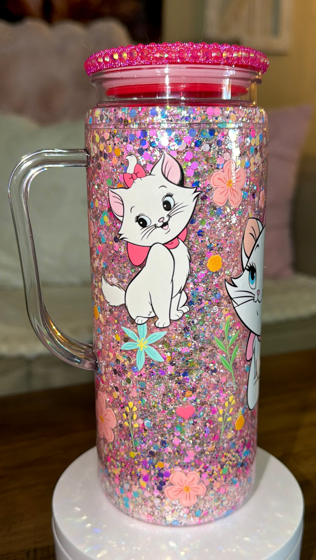 Pink Sparkly White Kitten Snowglobe Cup