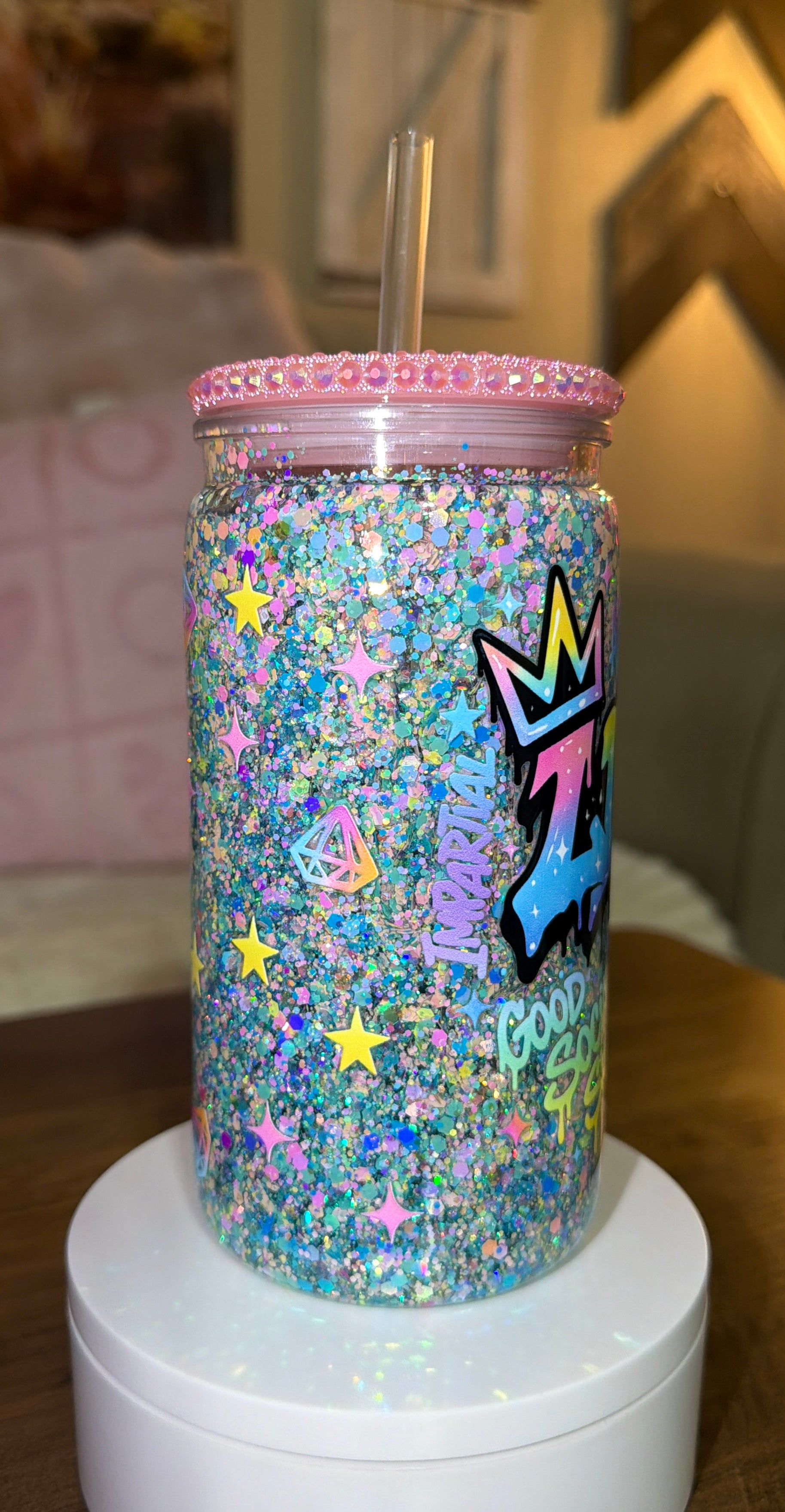 Libra-Inspired Glitter Tumbler – Pastel Rainbow Drip with Bling Lid