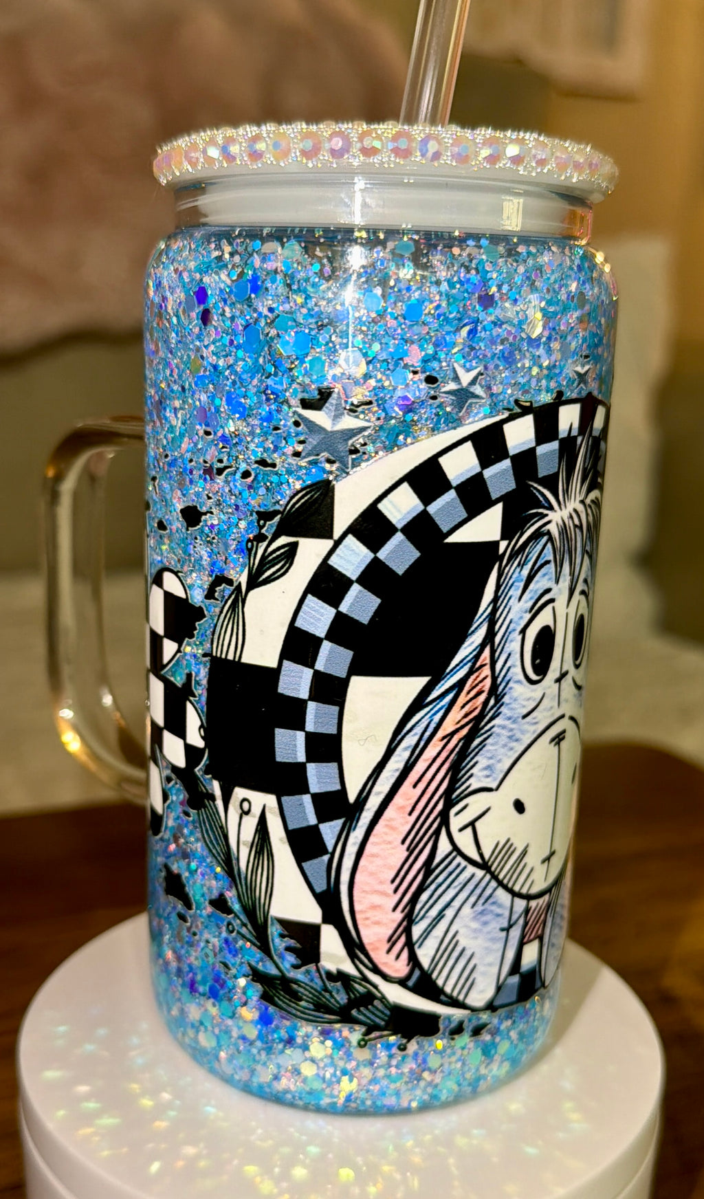Checkered Blue Donkey Snowglobe cup