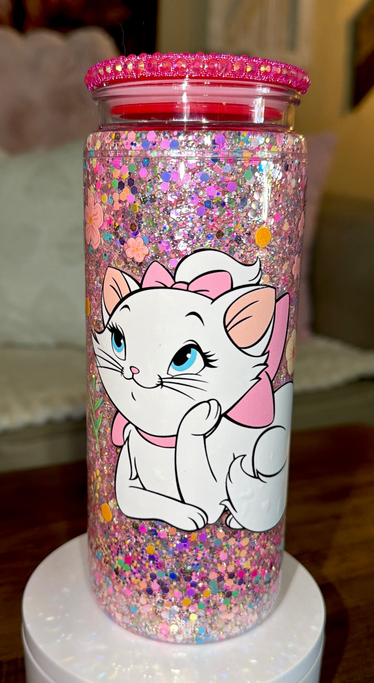 Pink Sparkly White Kitten Snowglobe Cup