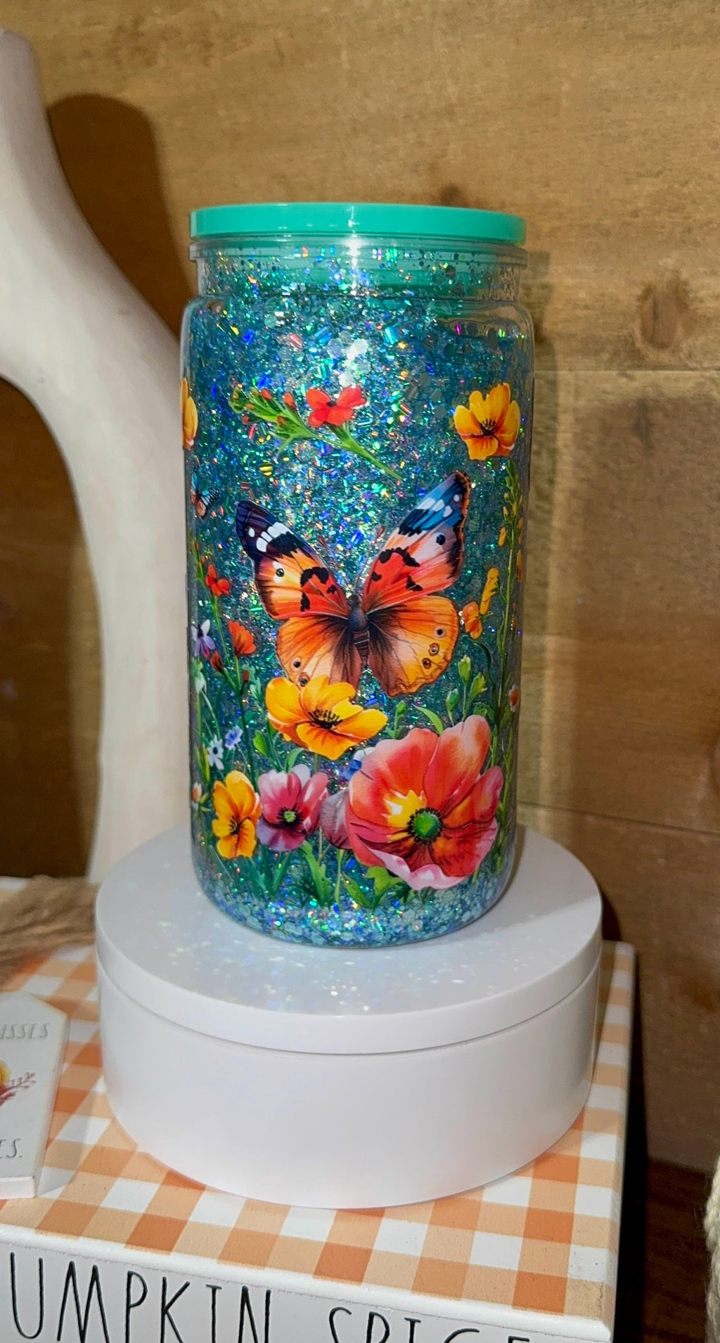 Butterfly Floral Snow Globe Tumbler | Teal Glitter Butterfly Cup | Colorful Flower Tumbler | Spring Summer Gift for Her