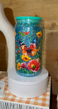 Butterfly Floral Snow Globe Tumbler | Teal Glitter Butterfly Cup | Colorful Flower Tumbler | Spring Summer Gift for Her