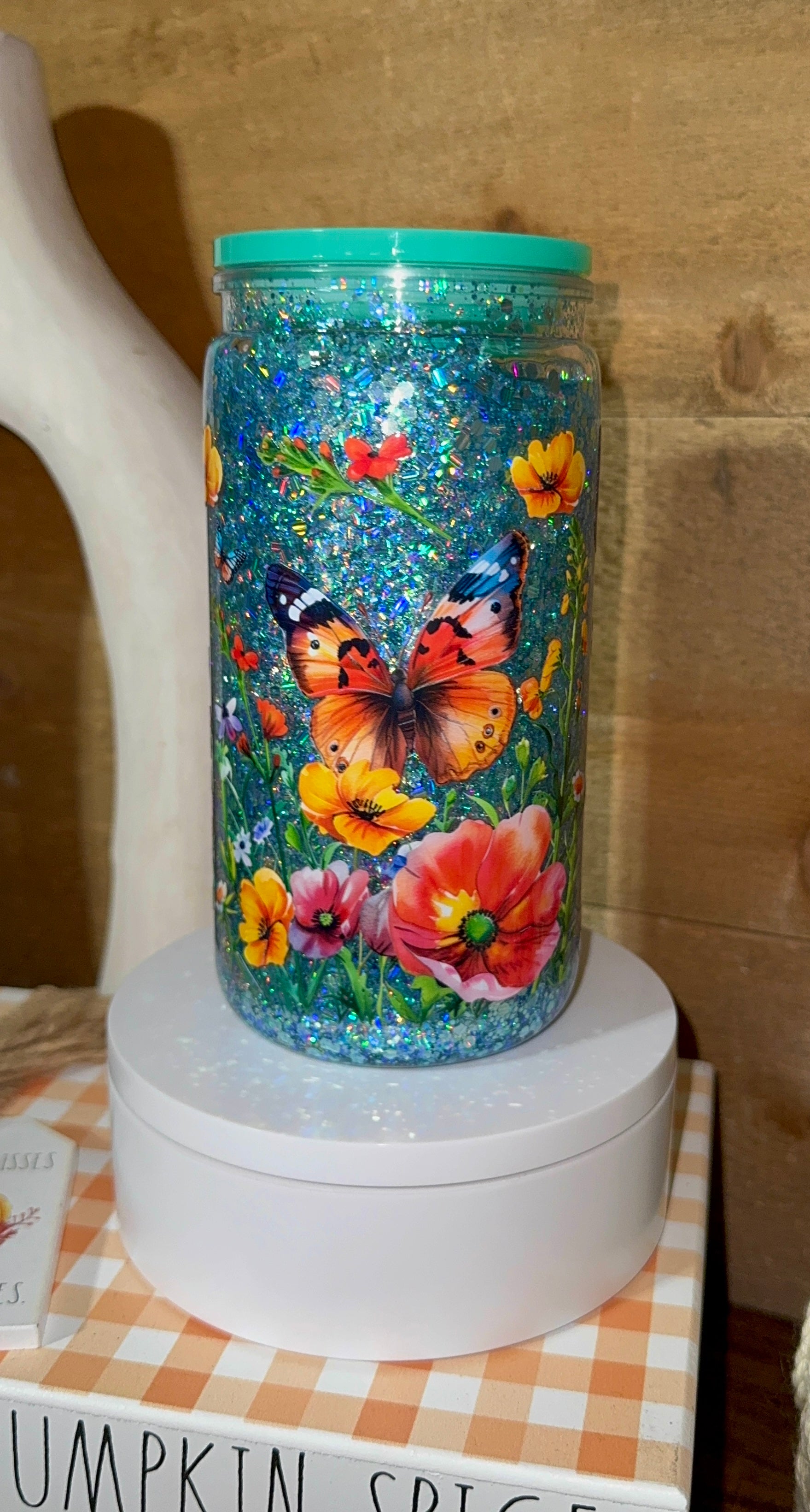 Butterfly Floral Snow Globe Tumbler | Teal Glitter Butterfly Cup | Colorful Flower Tumbler | Spring Summer Gift for Her