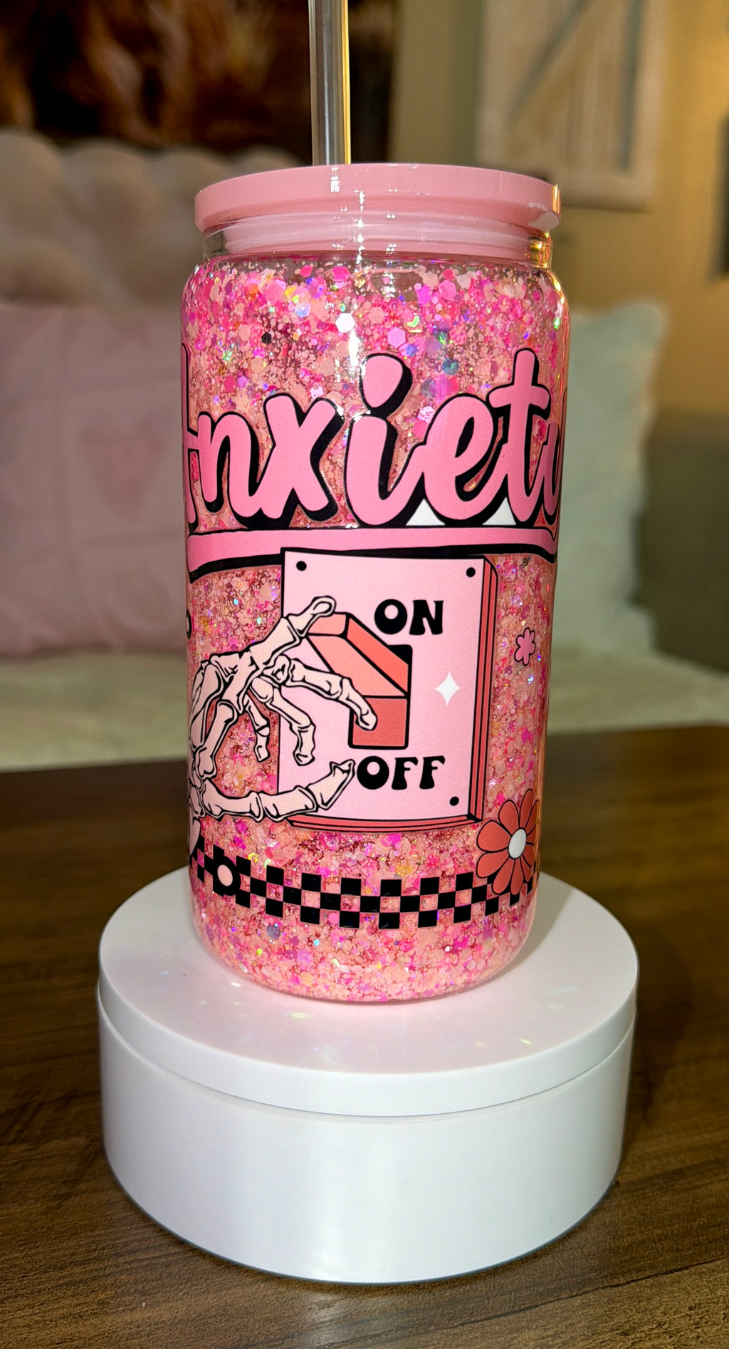 Glass 16oz Anxiety On/Off Switch Snow Globe Tumbler – Pink Glitter Mental Health Awareness Cup