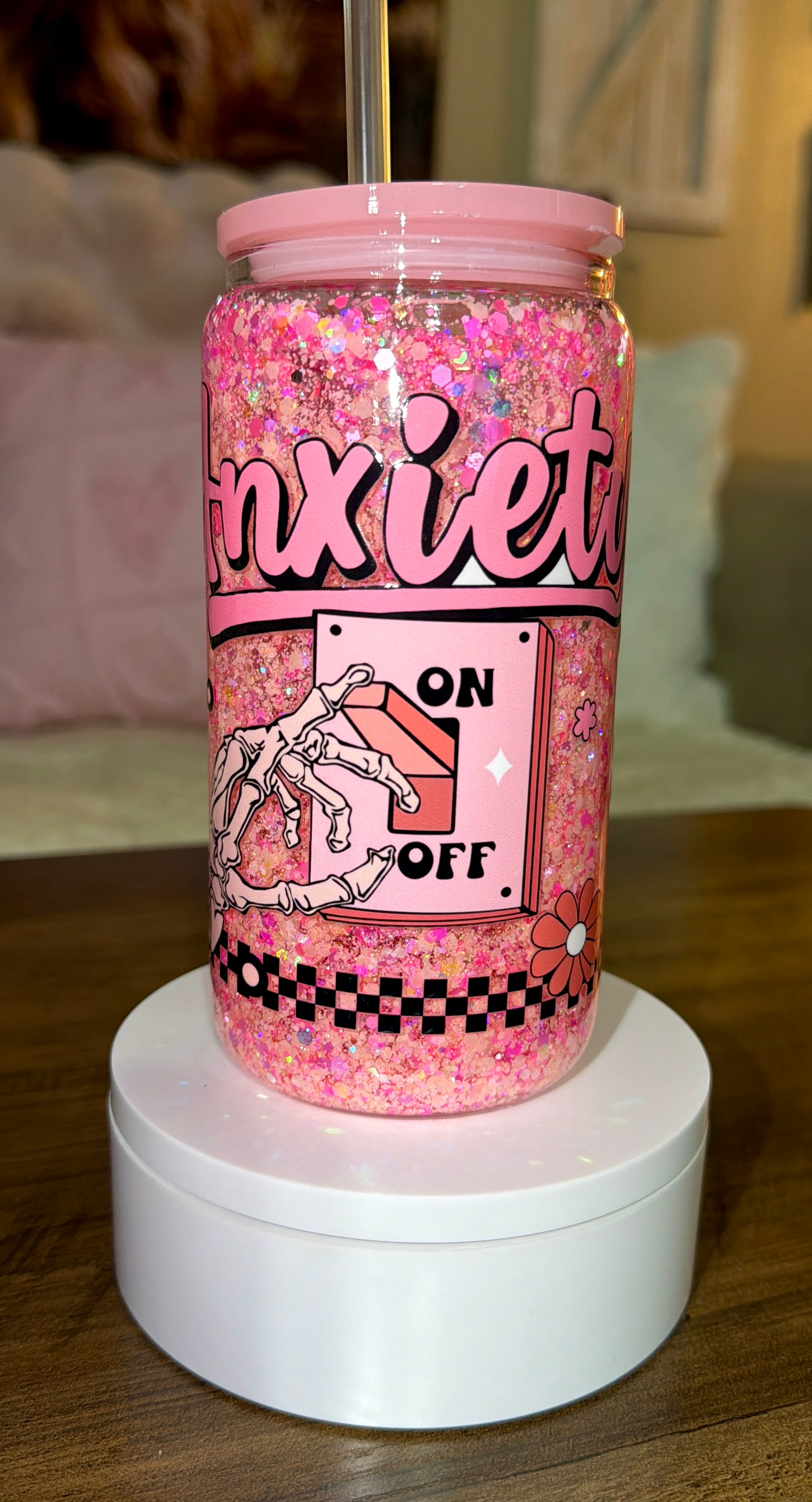 Glass 16oz Anxiety On/Off Switch Snow Globe Tumbler – Pink Glitter Mental Health Awareness Cup