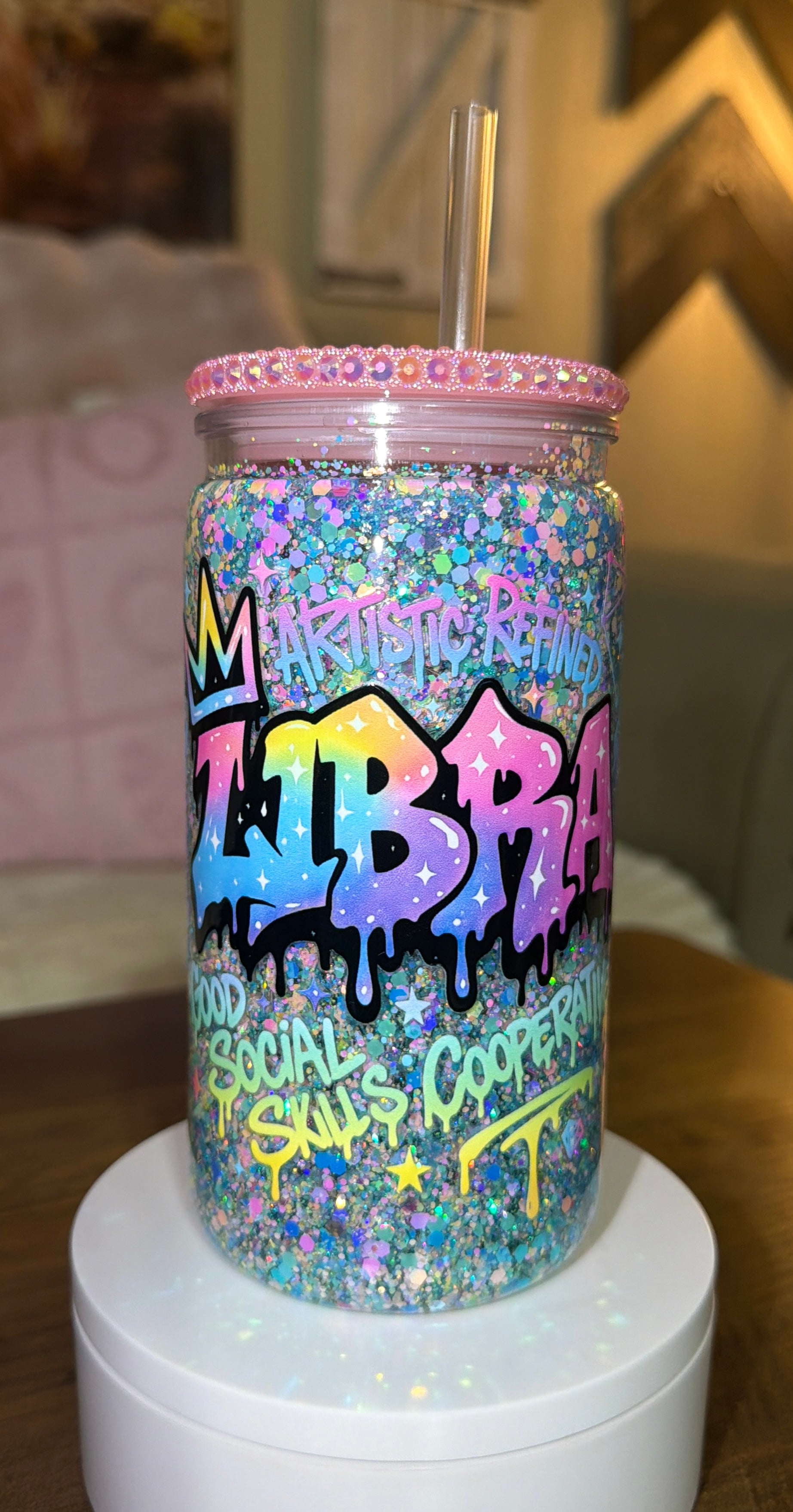 Libra-Inspired Glitter Tumbler – Pastel Rainbow Drip with Bling Lid