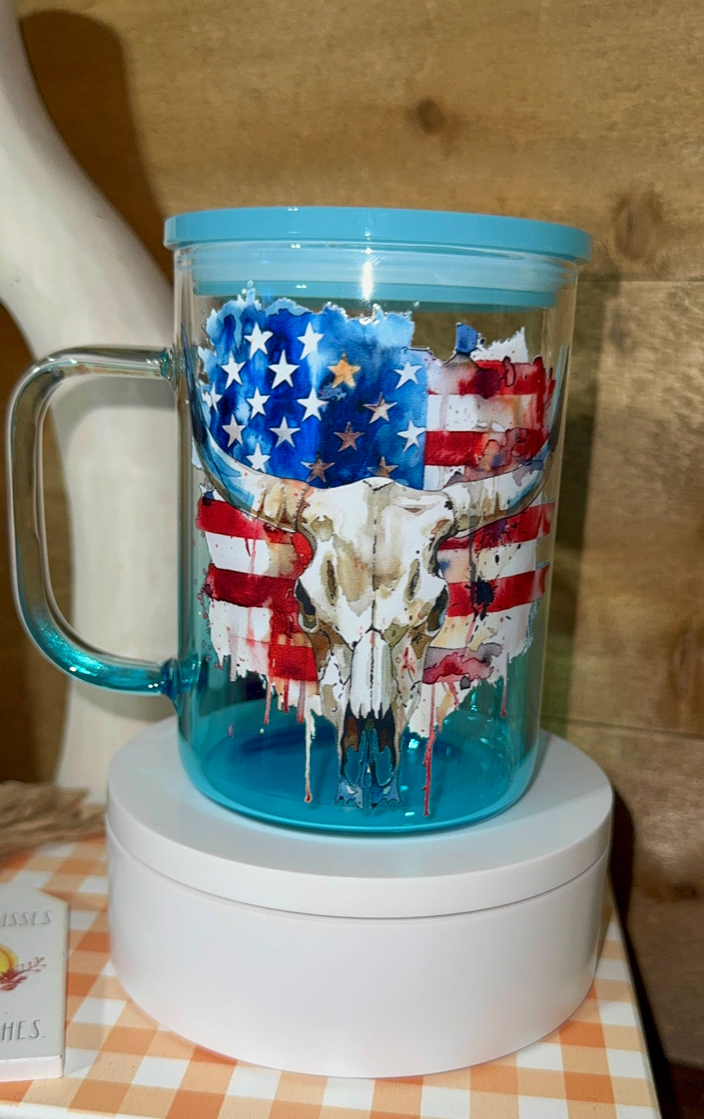Patriotic Skull Glass Mug with Handle | American Flag Western Tumbler | Fourth of July Drinkware | Cowboy Cow Skull Cup | Gift for Him