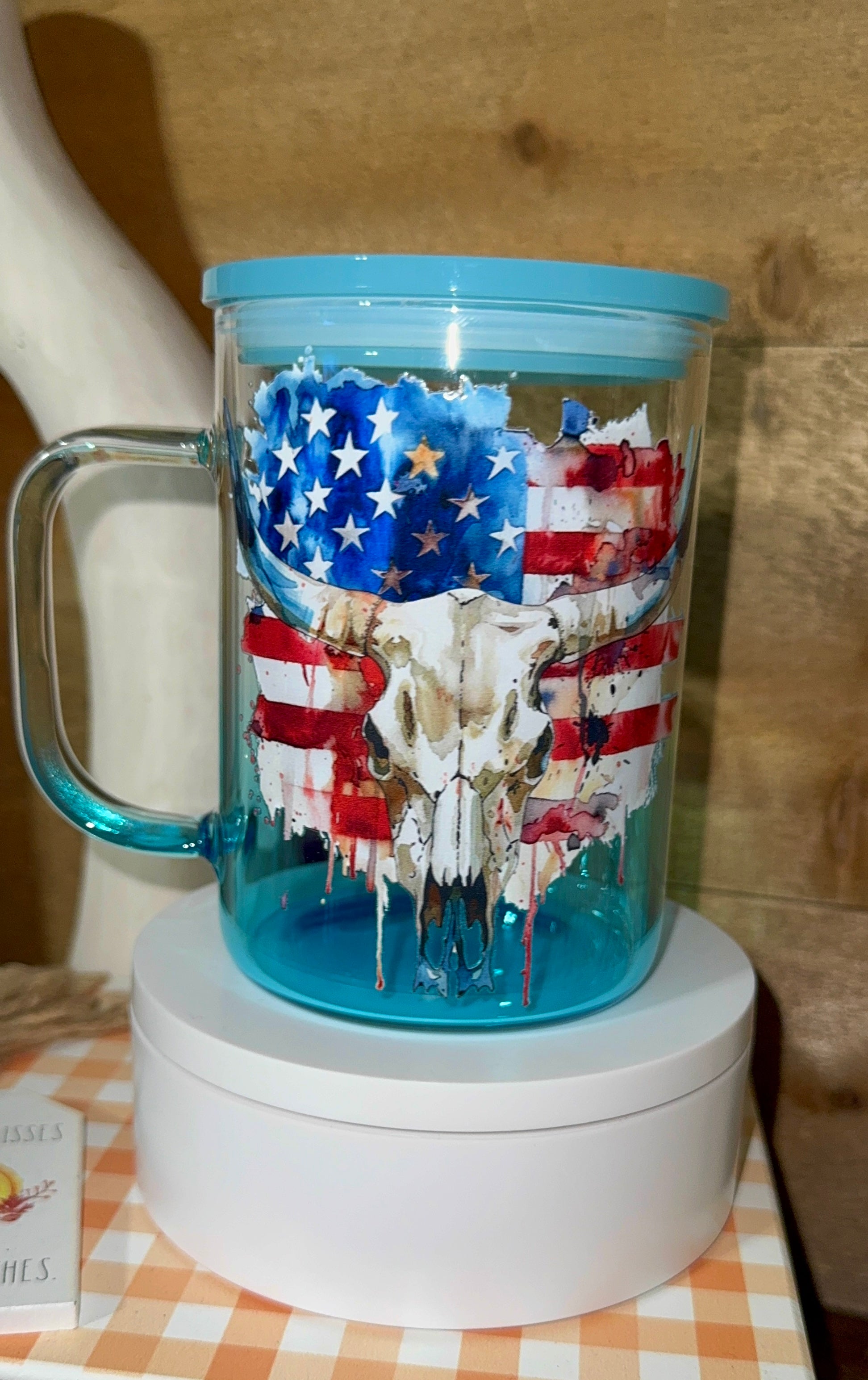 Patriotic Skull Glass Mug with Handle | American Flag Western Tumbler | Fourth of July Drinkware | Cowboy Cow Skull Cup | Gift for Him