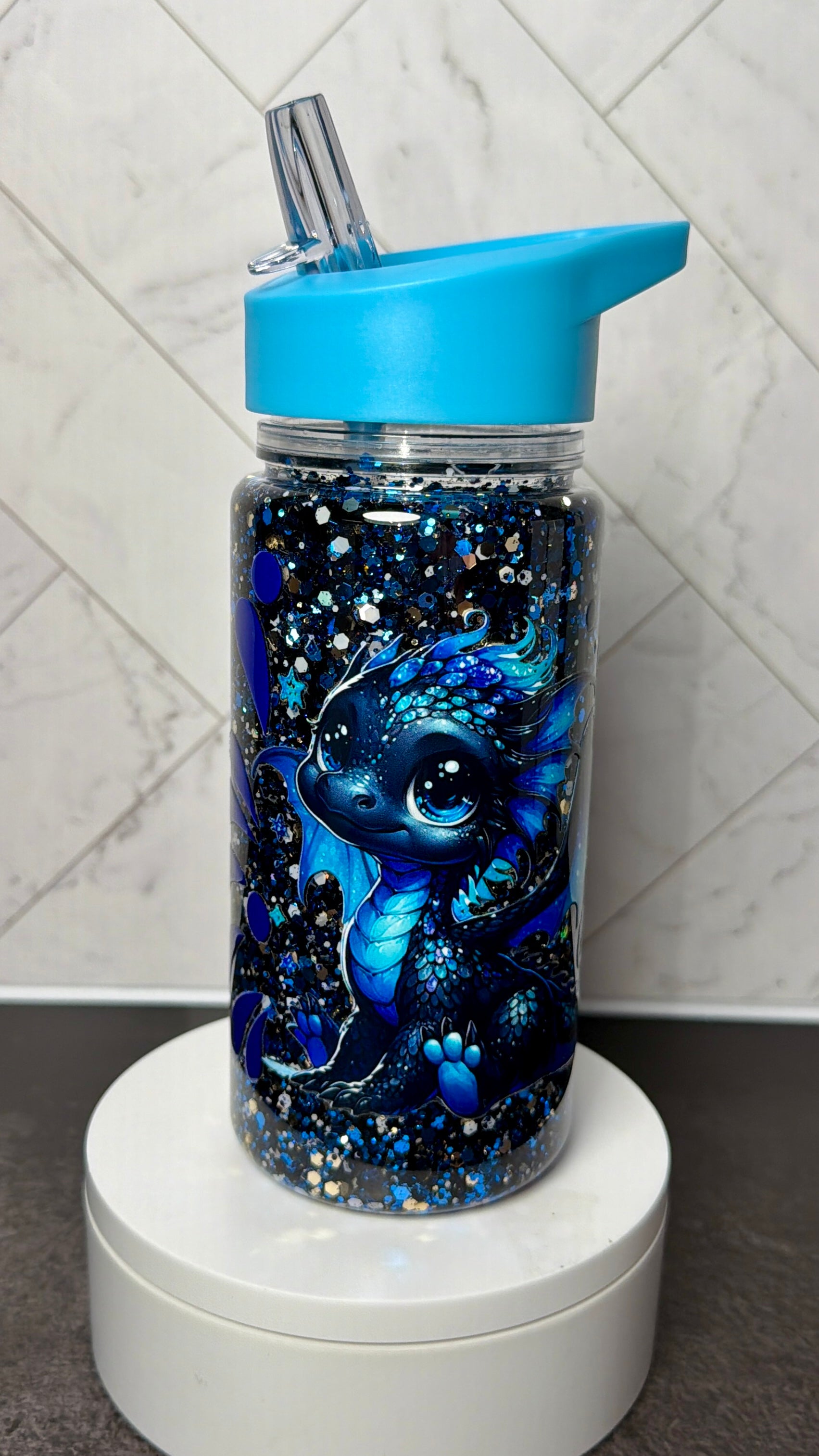 Midnight Blue Baby Dragon Kids Glitter Water Bottle