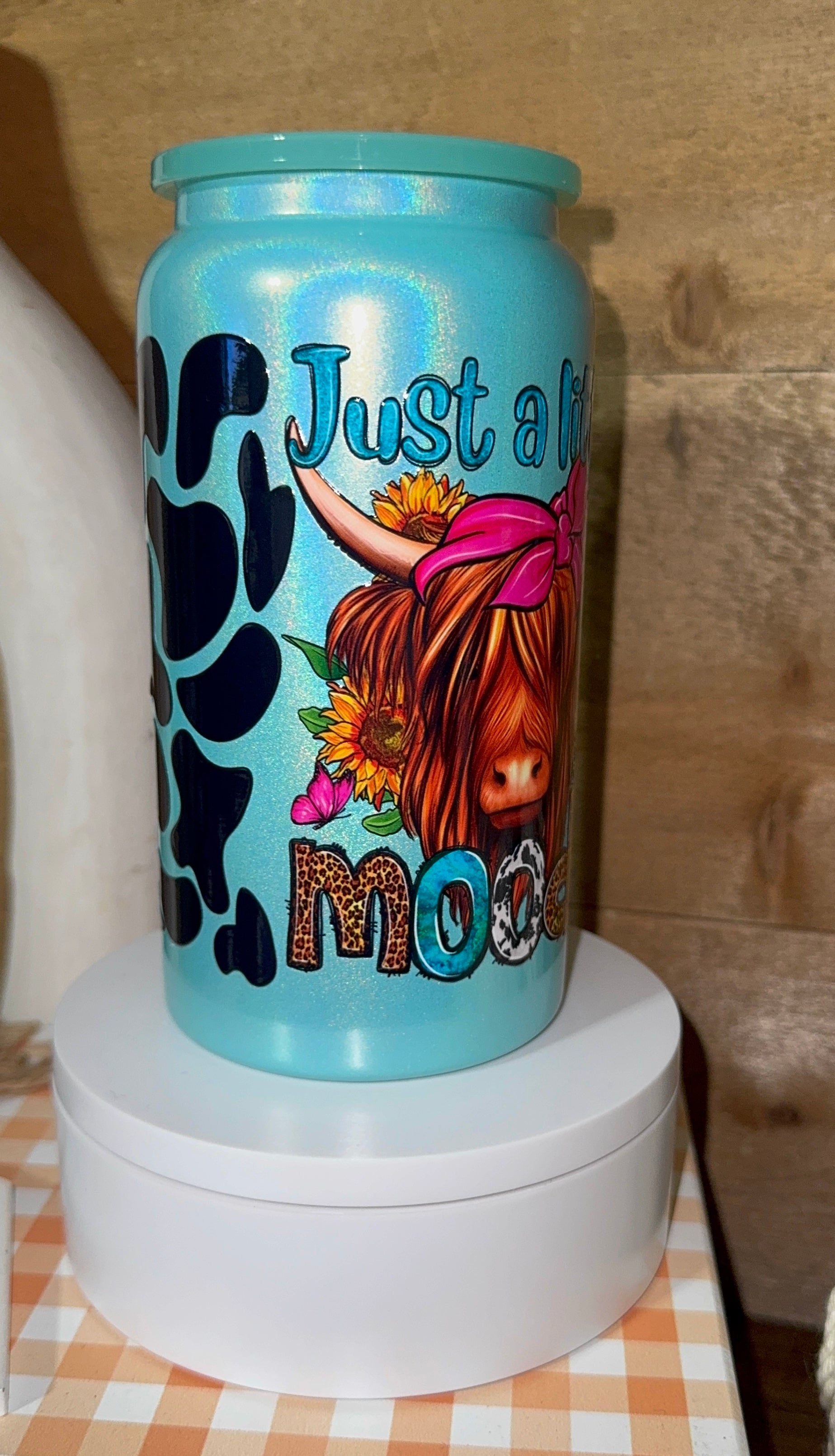 “Just a Little Moody” Highland Cow Tumbler | Teal Cow Print Skinny Cup | Western Cowgirl Glitter Tumbler | Funny Gift for Her