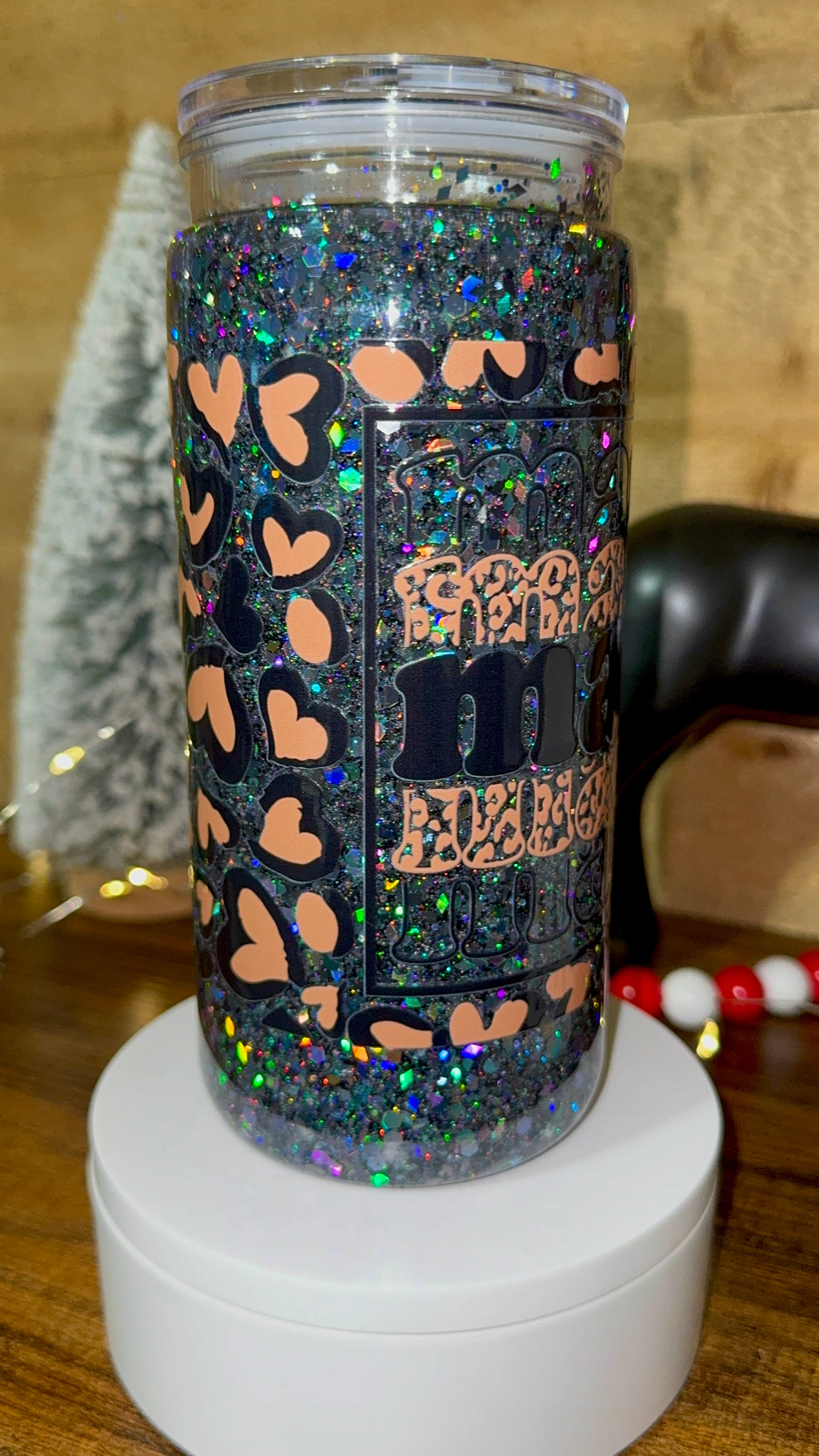 Black Glitter “Mama” Snowglobe Cup – 20oz Holographic Leopard Heart Tumbler