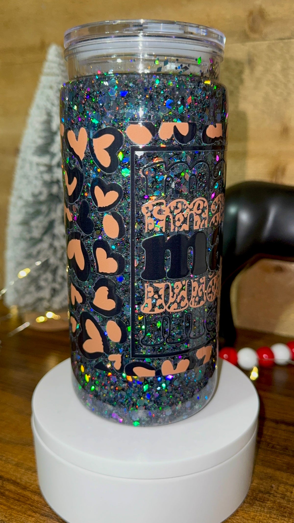 Black Glitter “Mama” Snowglobe Cup – 20oz Holographic Leopard Heart Tumbler