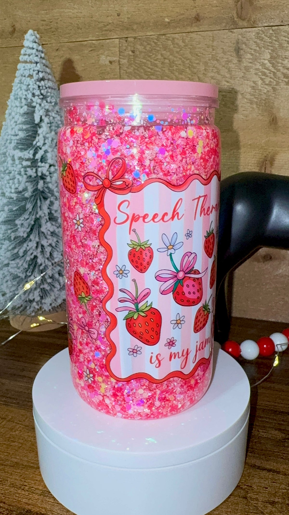16oz Acrylic Snowglobe Cup - Strawberry Speech Therapist Tumbler