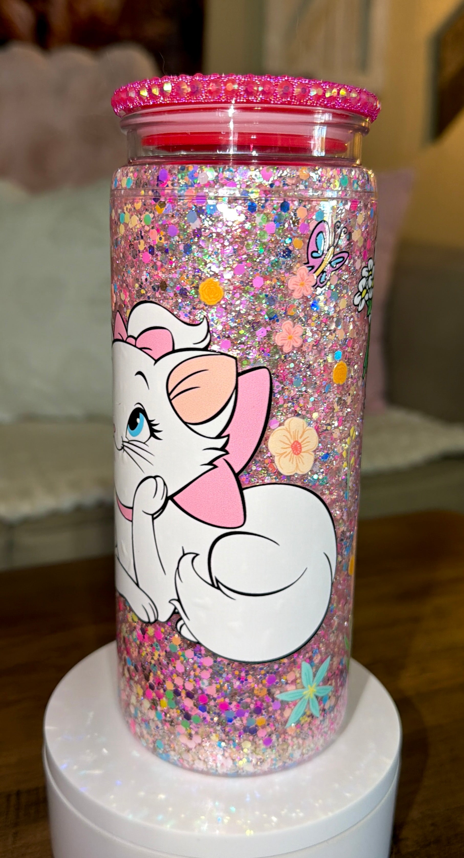 Pink Sparkly White Kitten Snowglobe Cup
