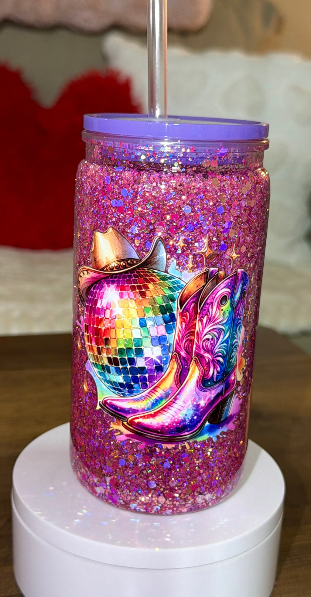 Disco Cowgirl Glitter Snow Globe Tumbler – 16oz Acrylic Cup with Lid & Straw