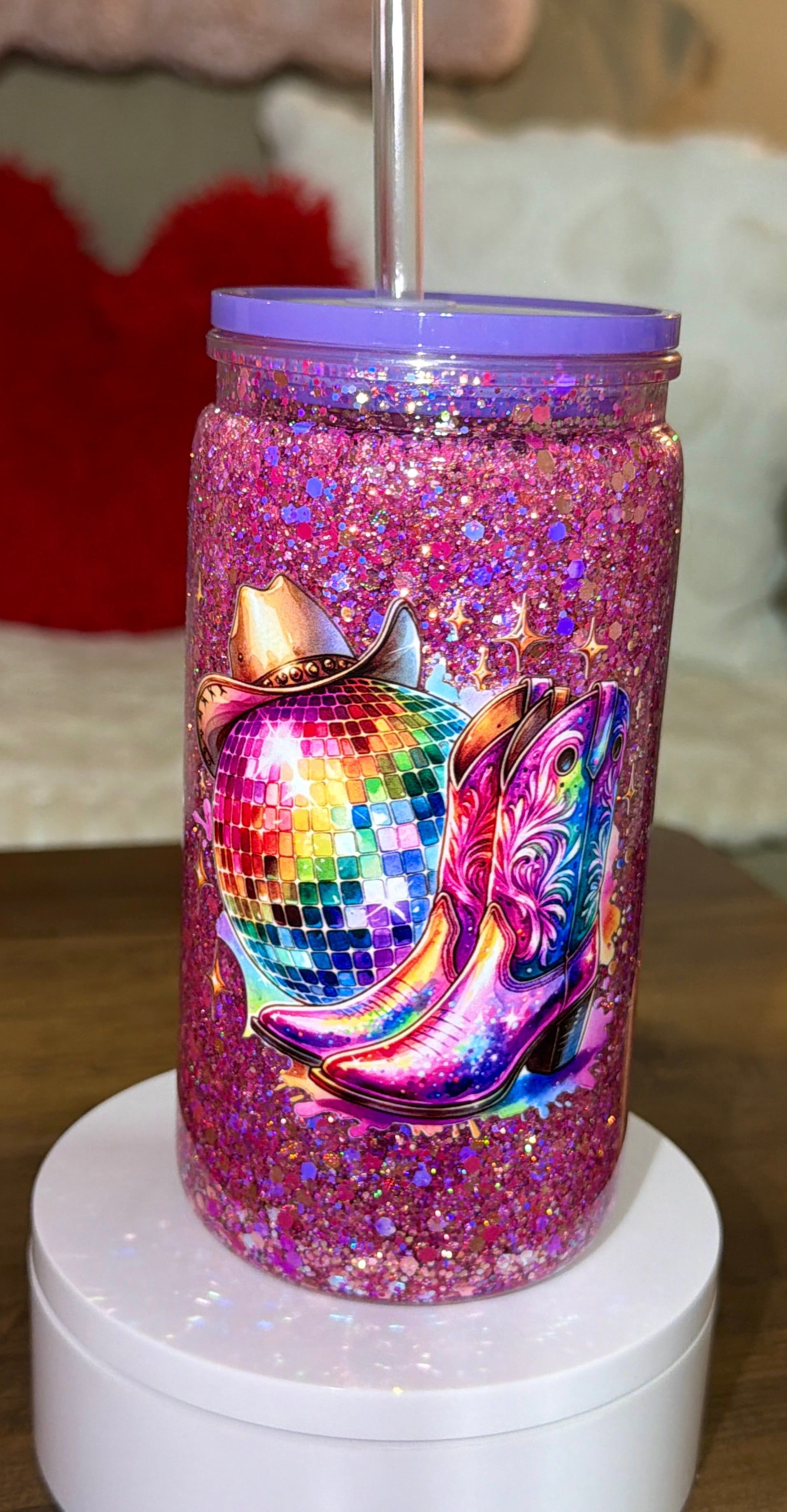 Disco Cowgirl Glitter Snow Globe Tumbler – 16oz Acrylic Cup with Lid & Straw