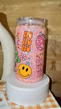 Pink Retro Holiday Glitter Cup | Groovy Christmas Glass Can | Snowglobe Flow Tumbler | Cute Merry Retro Cup