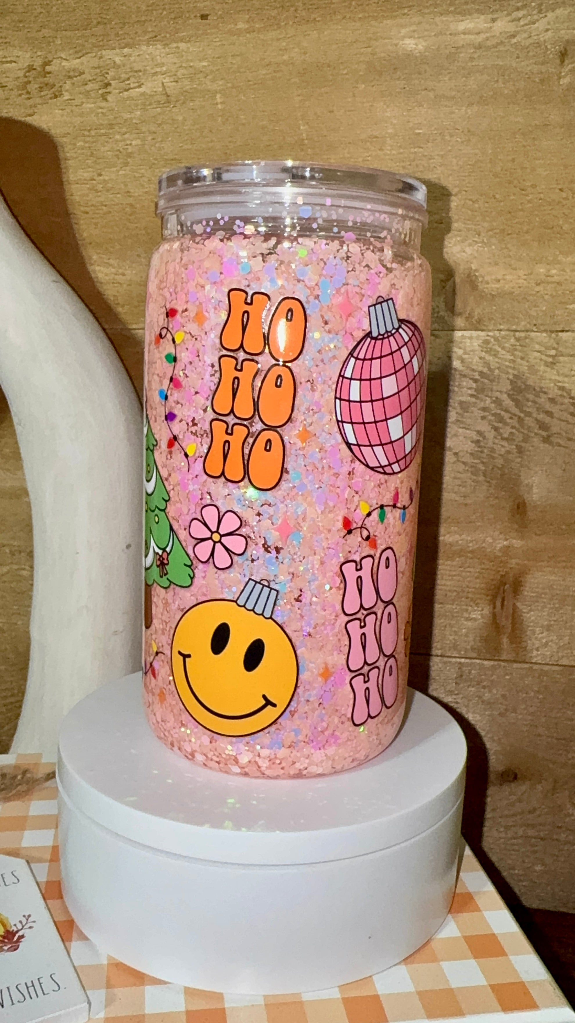 Pink Retro Holiday Glitter Cup | Groovy Christmas Glass Can | Snowglobe Flow Tumbler | Cute Merry Retro Cup