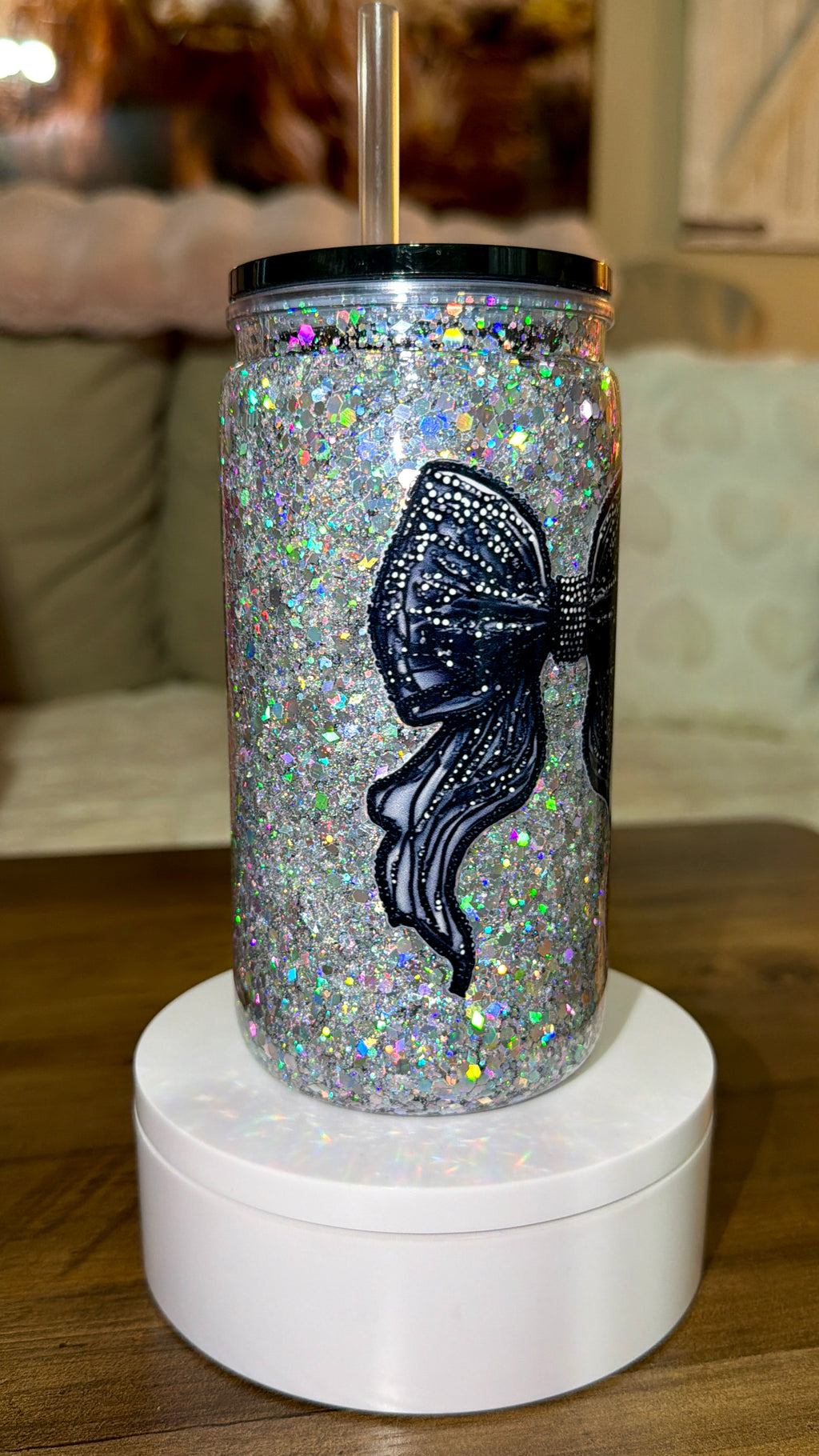 Black Bow Glitter Snow Globe Tumbler – 16oz Acrylic Cup with Lid & Straw
