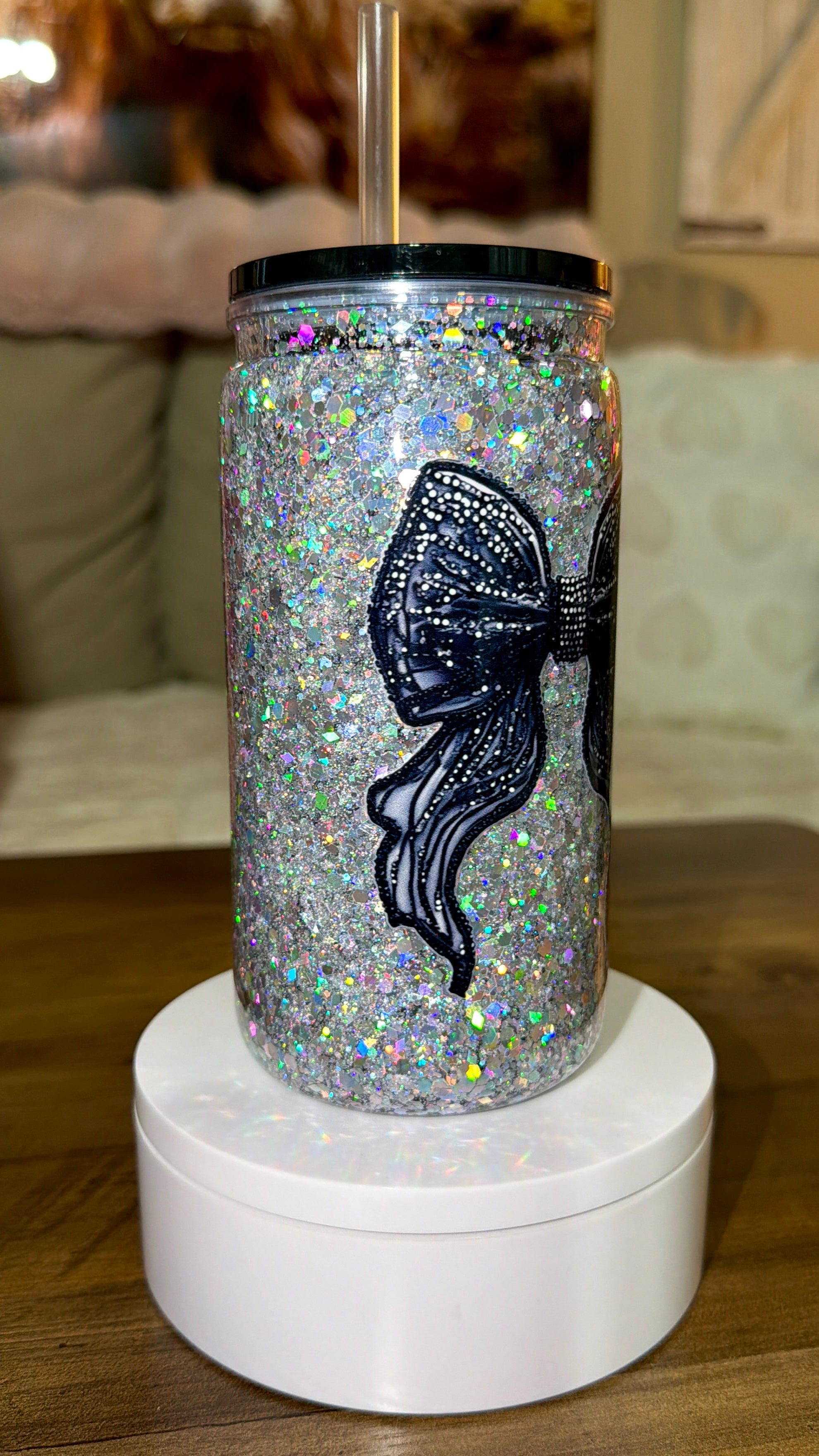 Black Bow Glitter Snow Globe Tumbler – 16oz Acrylic Cup with Lid & Straw