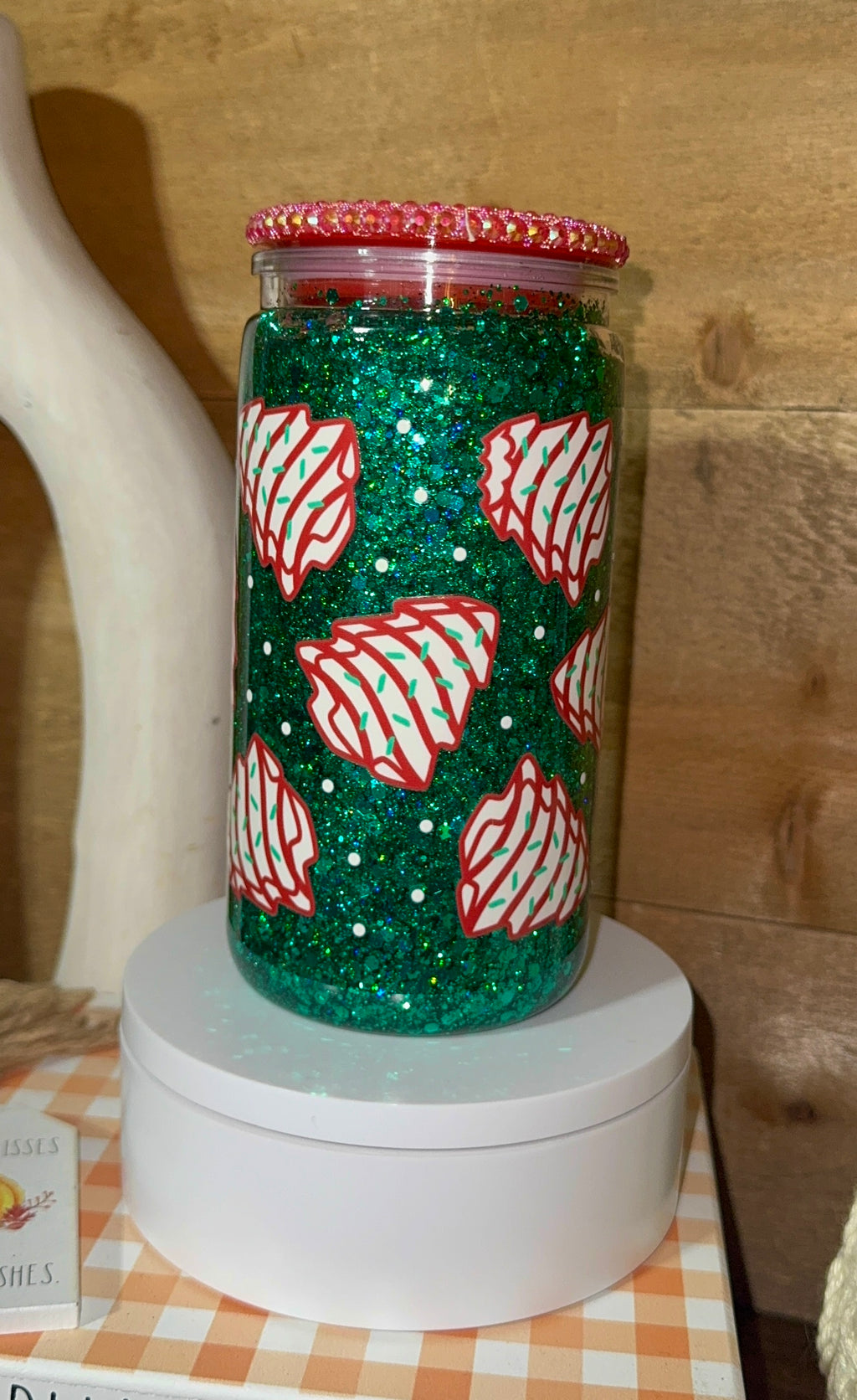 Holiday Cookie Tree Snow Globe Tumbler • Green Glitter Christmas Cup