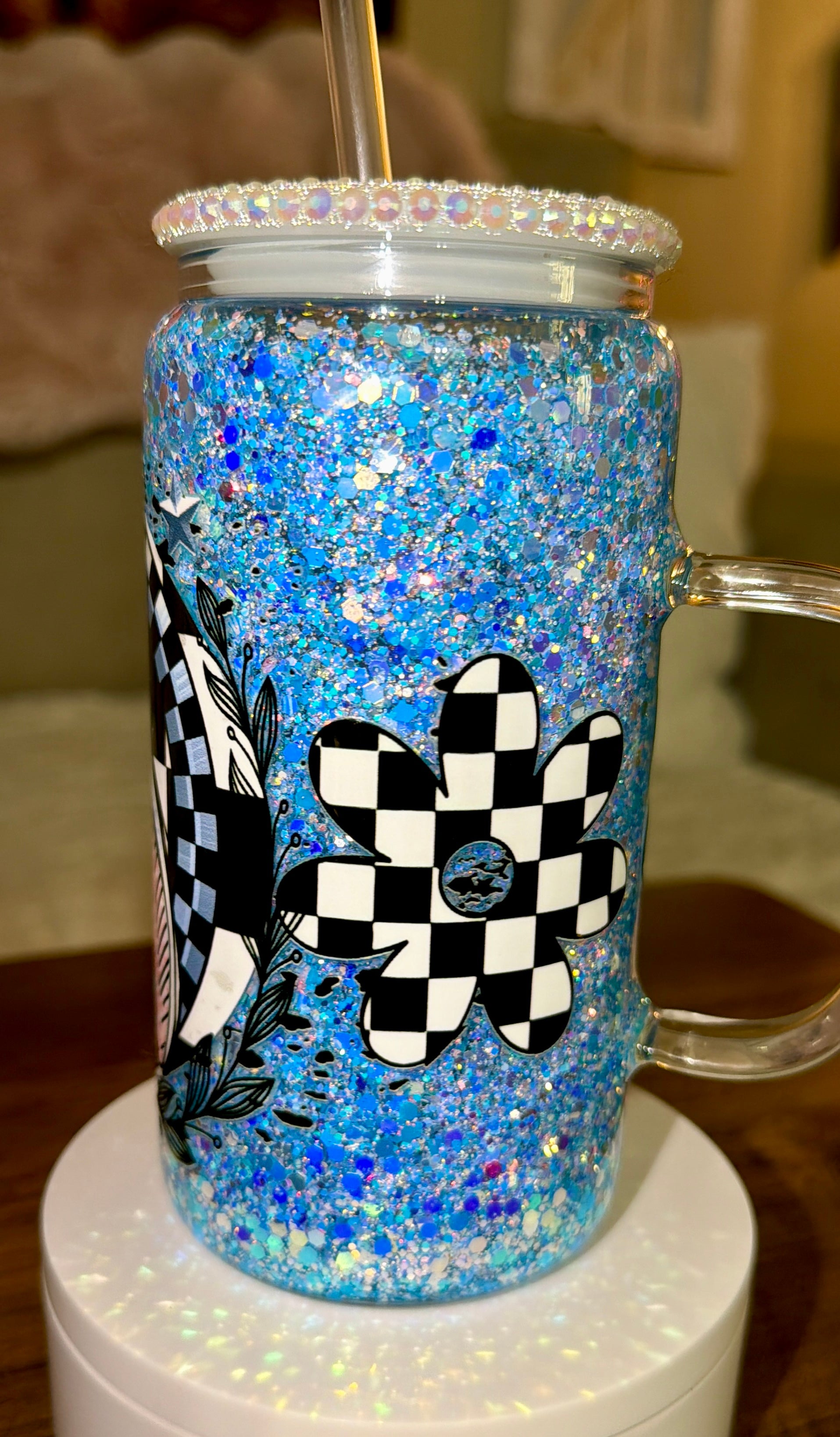 Checkered Blue Donkey Snowglobe cup