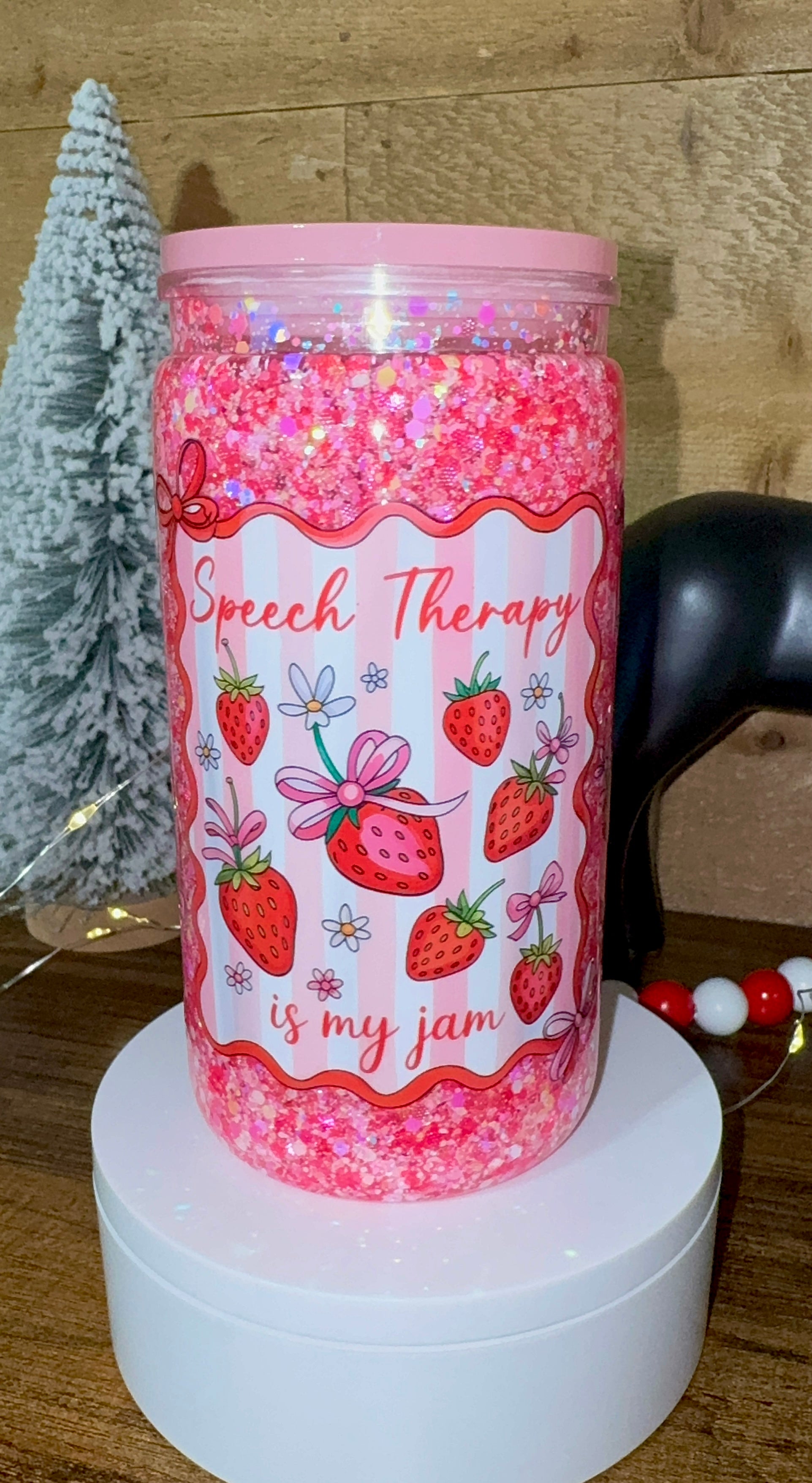 16oz Acrylic Snowglobe Cup - Strawberry Speech Therapist Tumbler