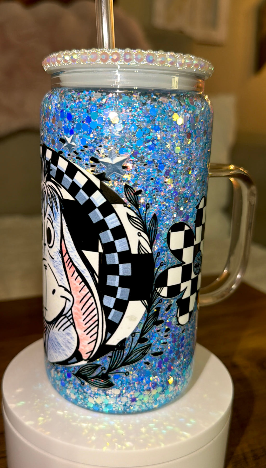 Checkered Blue Donkey Snowglobe cup