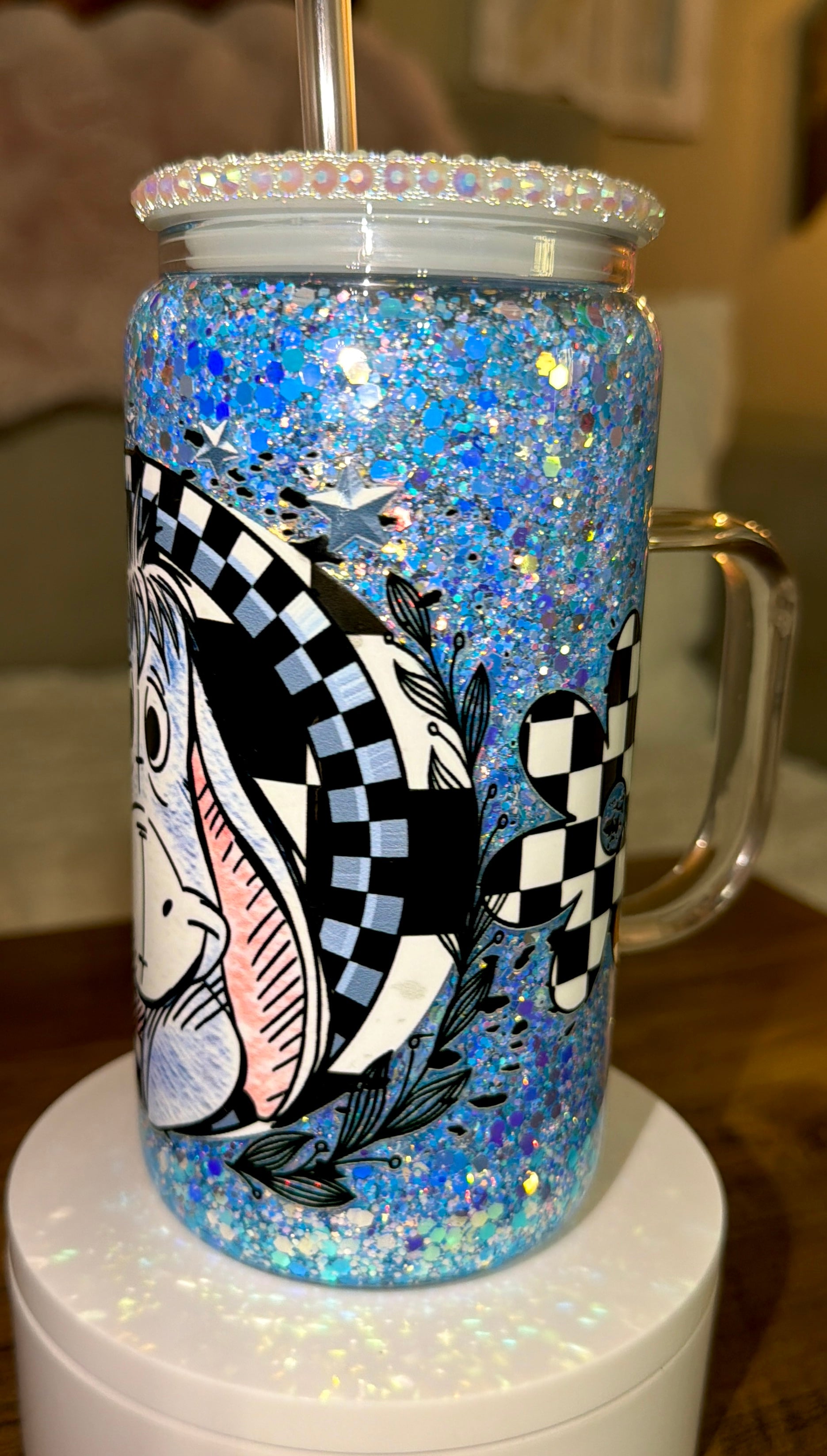 Checkered Blue Donkey Snowglobe cup