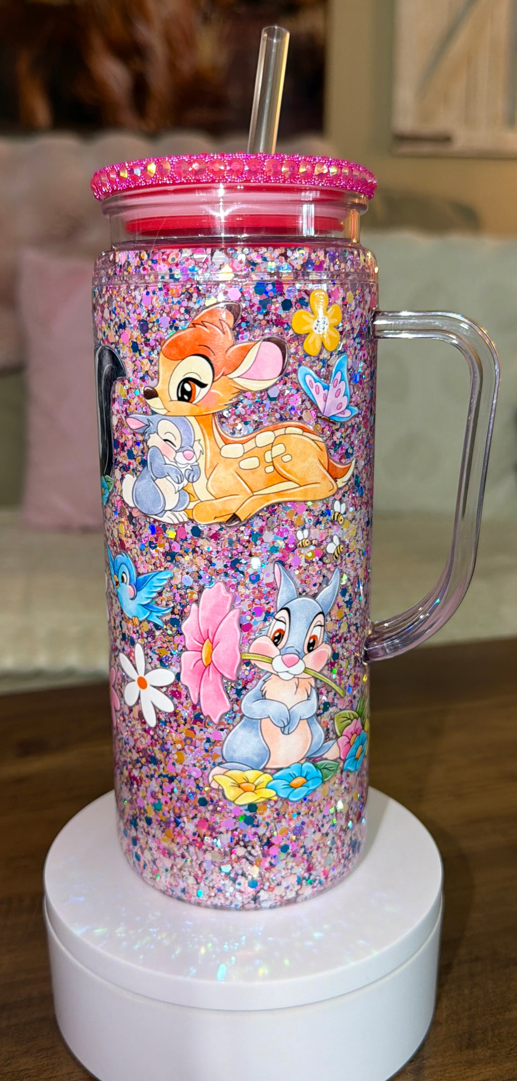Woodland Character Inspired Pink Glitter Snowglobe cup