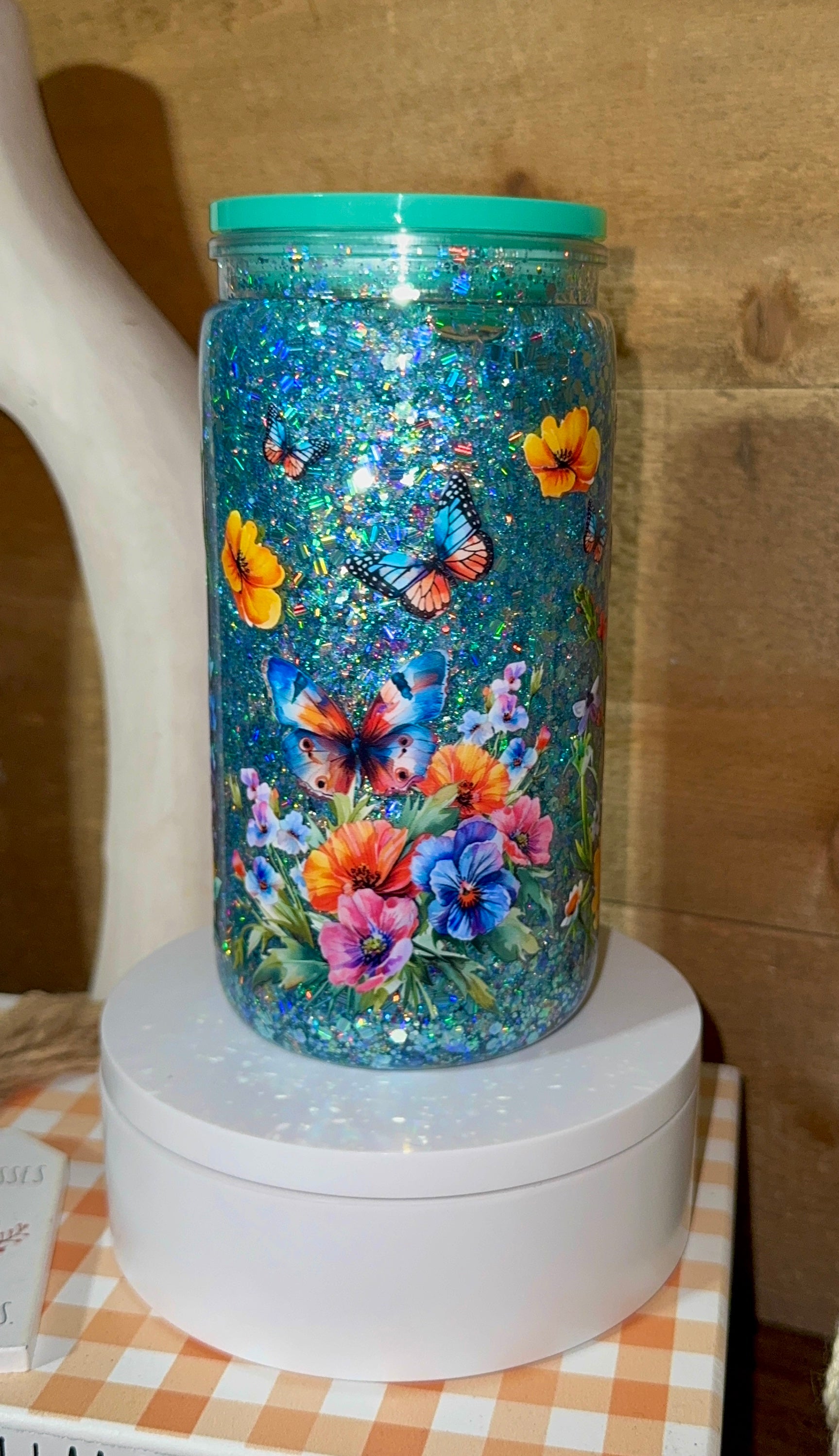 Butterfly Floral Snow Globe Tumbler | Teal Glitter Butterfly Cup | Colorful Flower Tumbler | Spring Summer Gift for Her